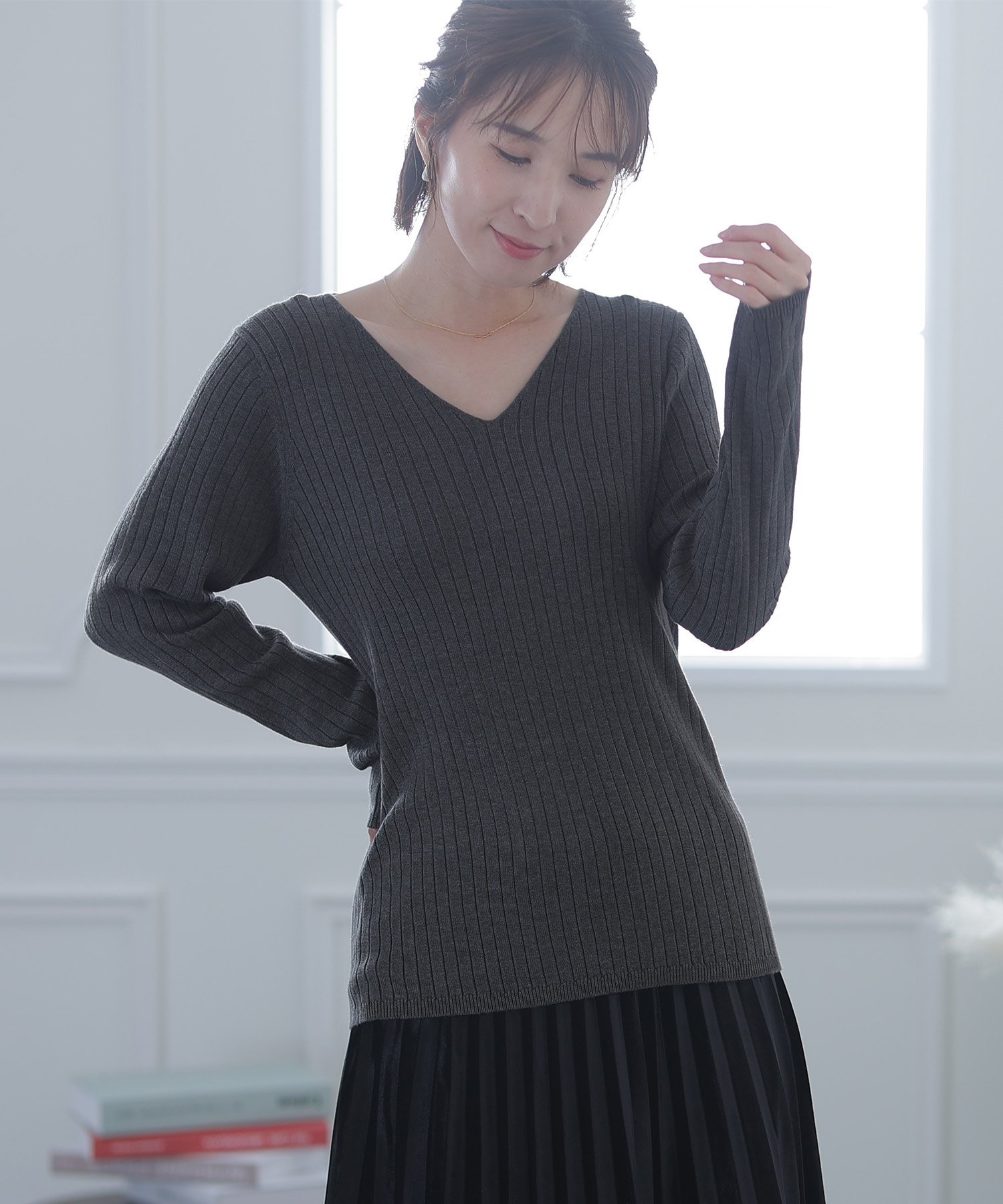 PourVous Vネックリブニット カットソーきれいめトップス 長袖 七分袖ニット レディース プールヴー トップス ニット レッド ホワイト グレー ブラック グリーン