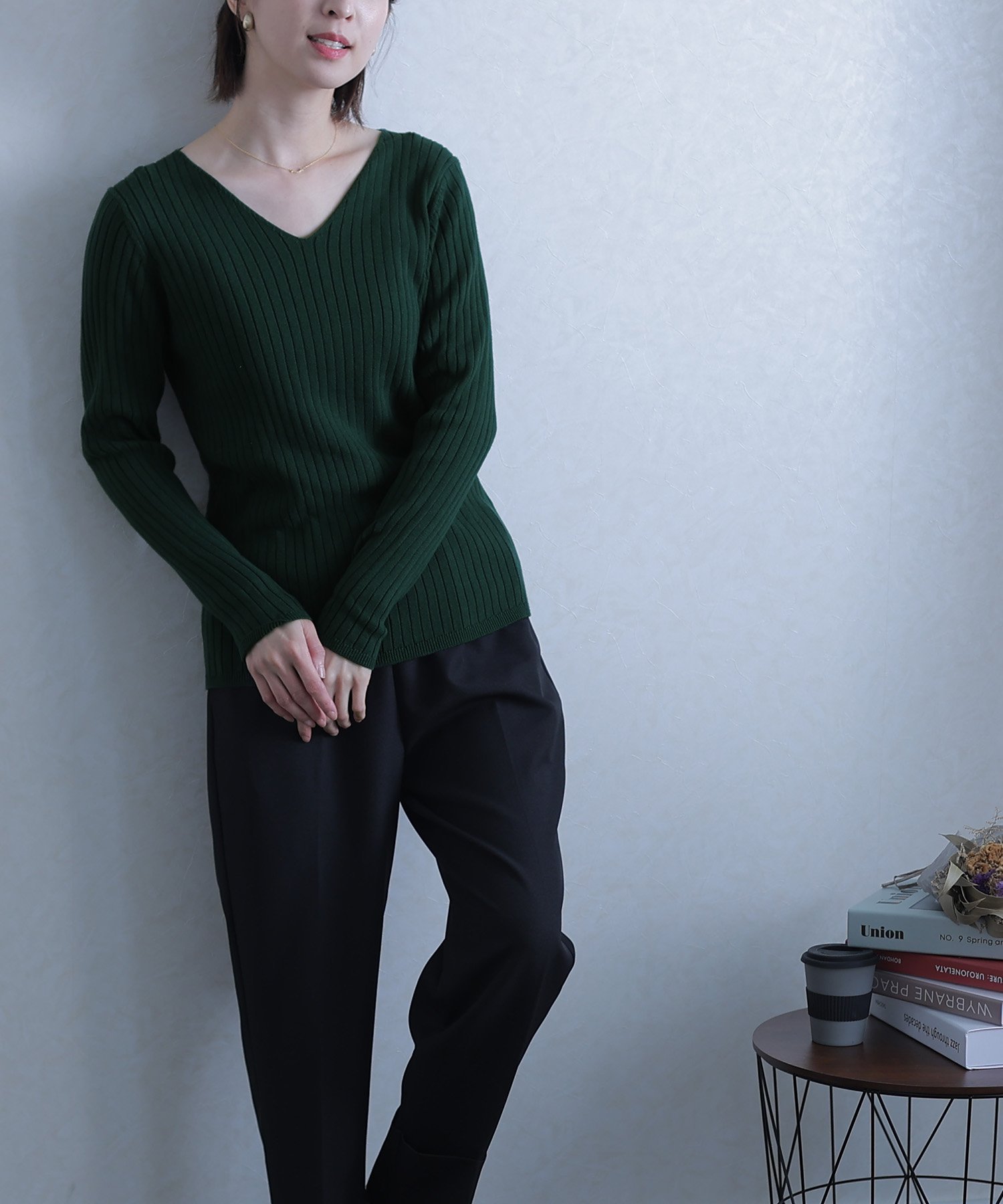 PourVous Vネックリブニット カットソーきれいめトップス 長袖 七分袖ニット レディース プールヴー トップス ニット レッド ホワイト グレー ブラック グリーン