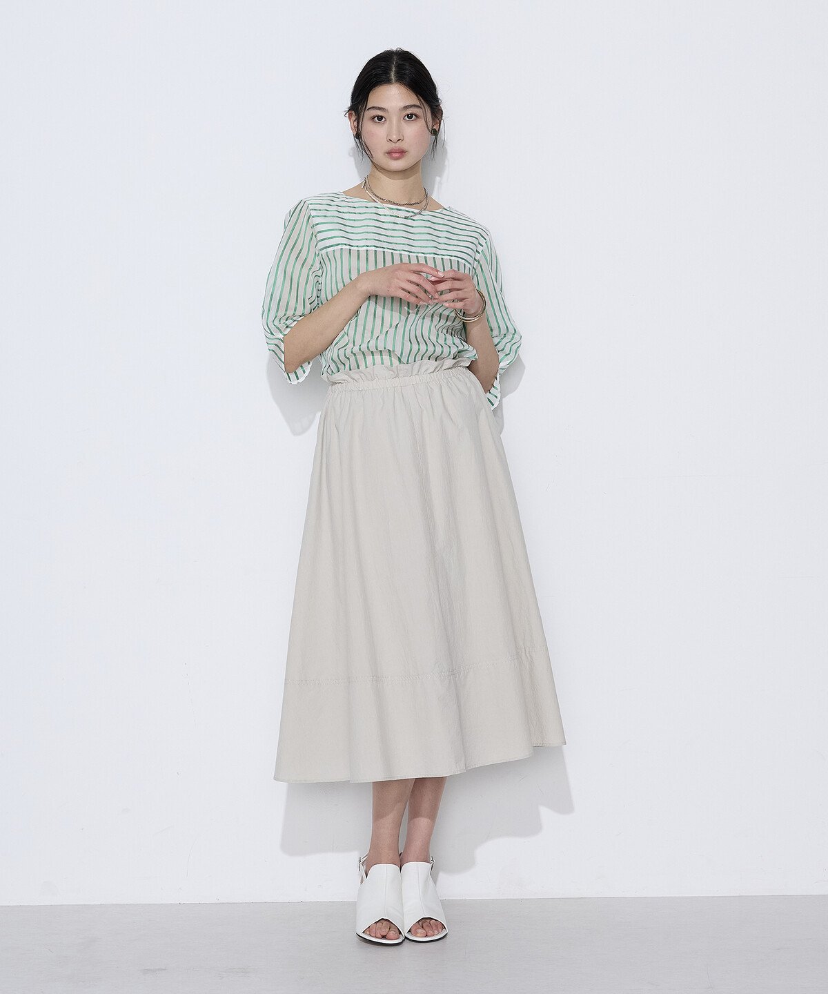 K.T KIYOKO TAKASE コットンシルク シアーストライププルオーバー コムサ トップス シャツ・ブラウス ホワイト