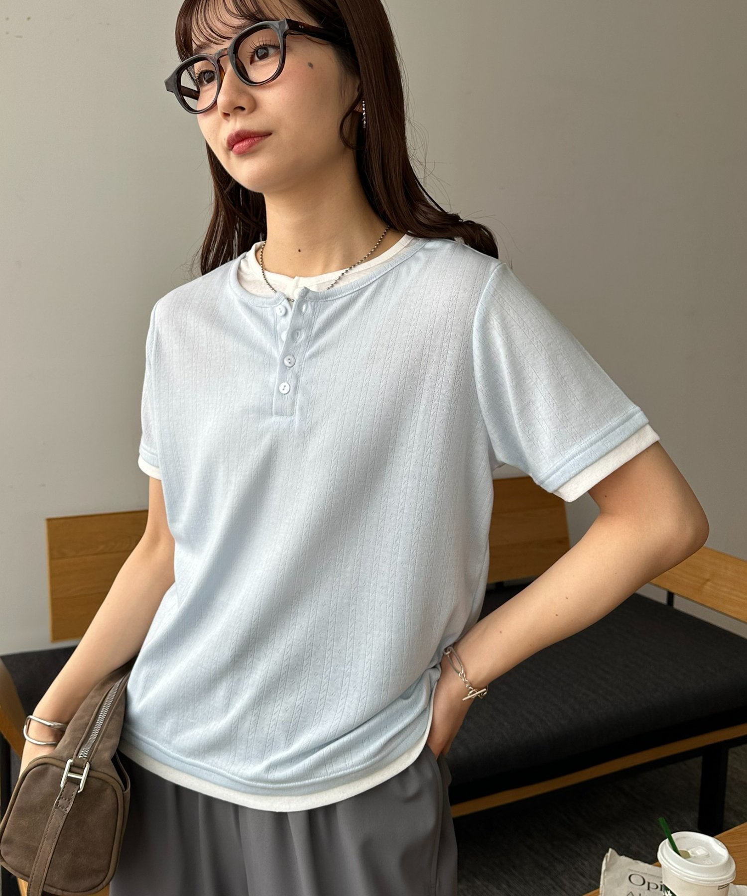 ヘンリー配色半袖プルオーバー ディスコート トップス カットソー・Tシャツ ネイビー