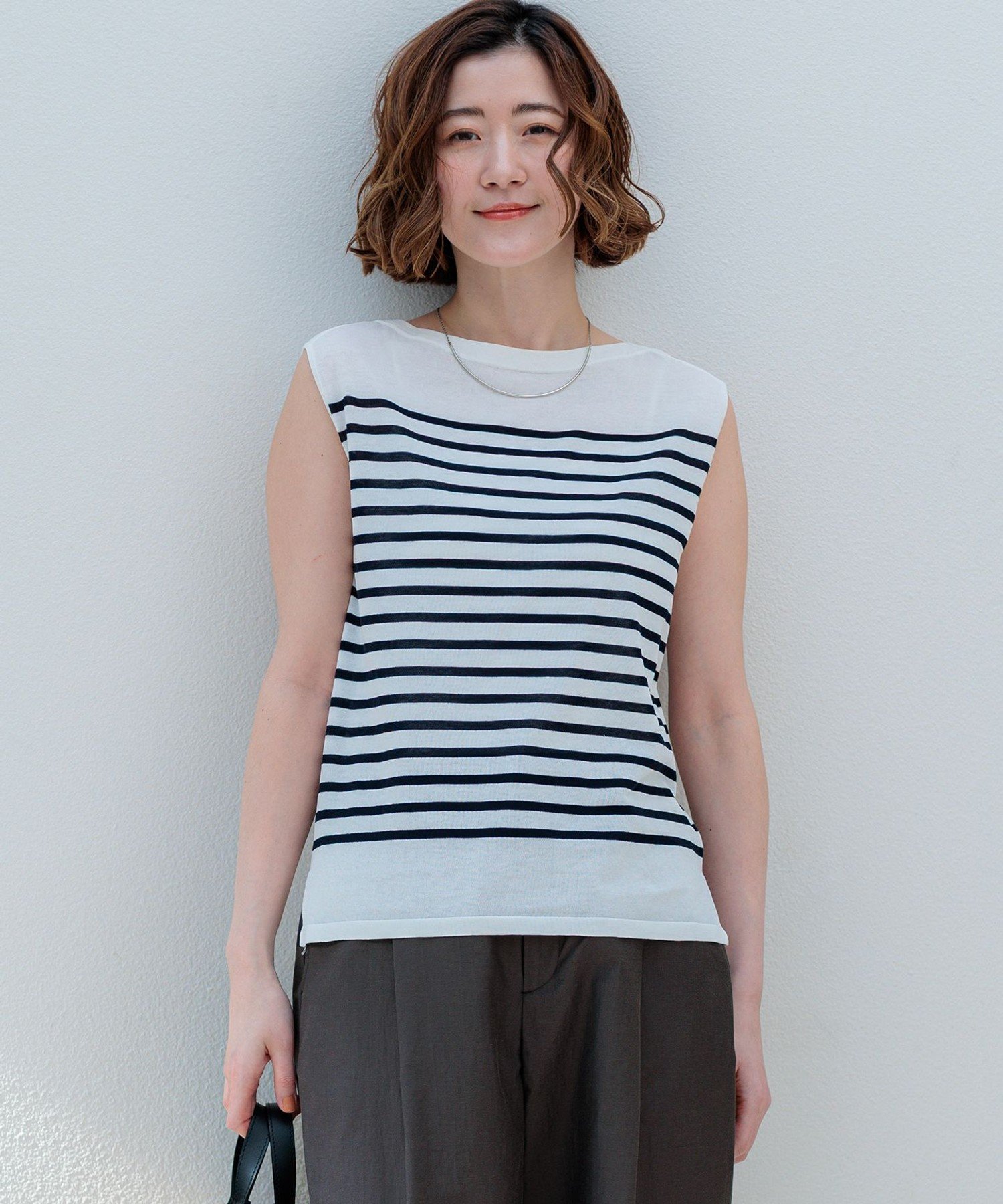 【SALE／20%OFF】23区 L ハイツイストコットン ボーダー ノースリーブ ニット ニジュウサンク トップス ニット ブラウン ホワイト【送料無料】