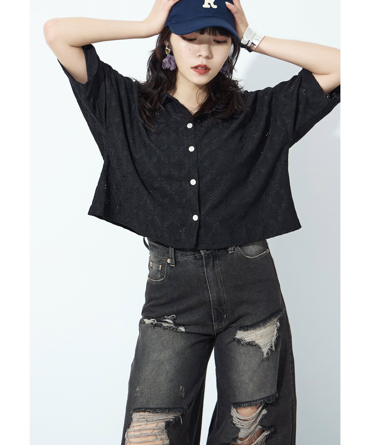 FashionLetter 楊柳レース クロップドブラウス ビーフラット トップス シャツ・ブラウス ブラック ホワイト