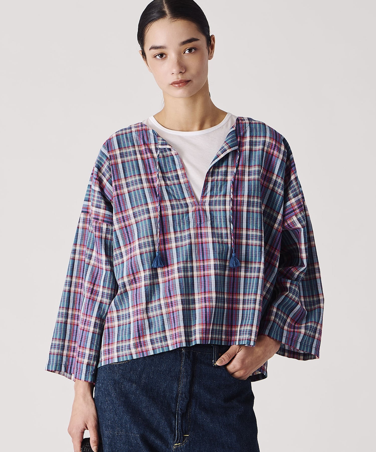 Bshop INDIA INDUSTRY ｜ マドラスチェック カフタンシャツ WOMEN ビショップ トップス シャツ・ブラウス ブルー