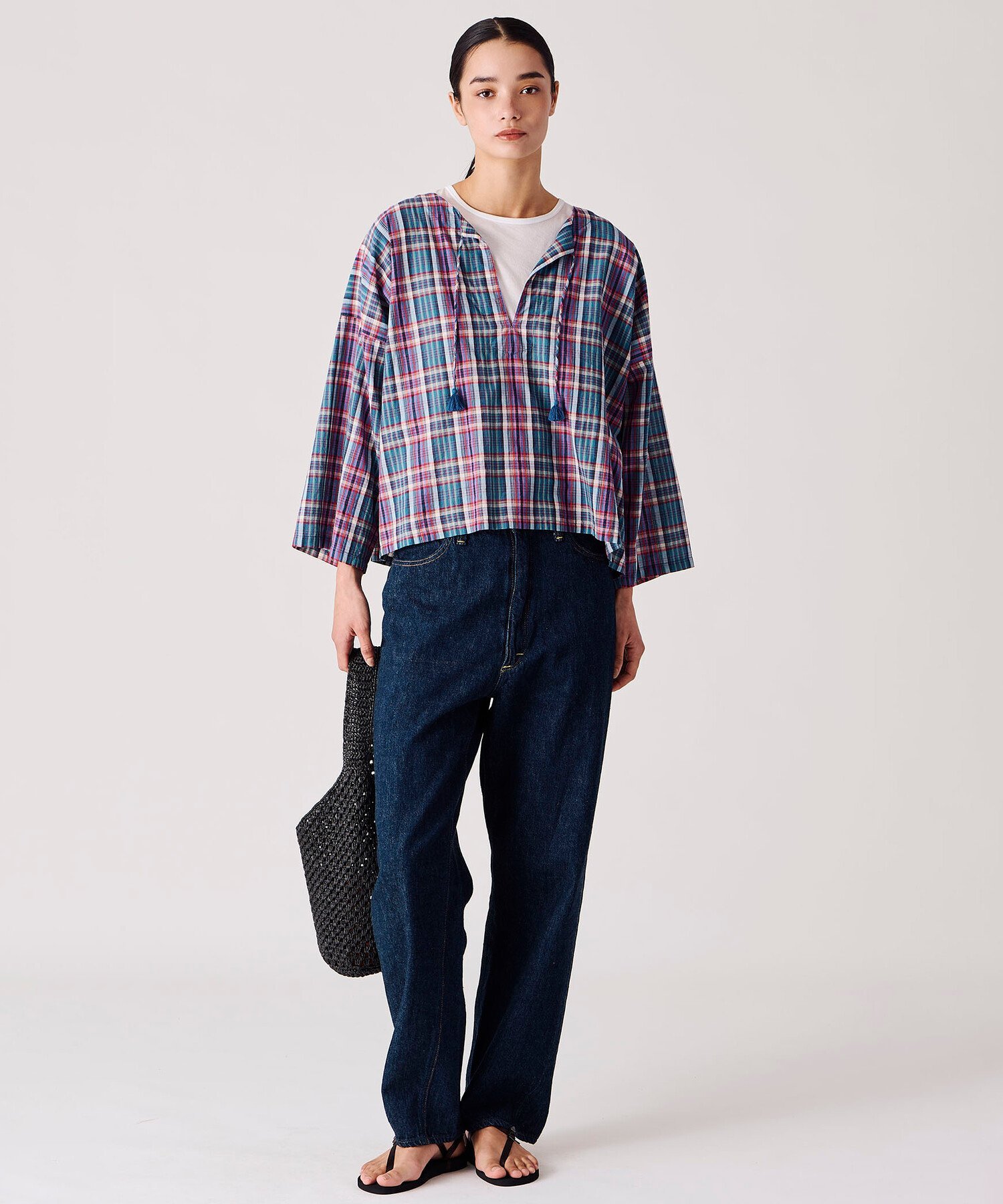 Bshop INDIA INDUSTRY ｜ マドラスチェック カフタンシャツ WOMEN ビショップ トップス シャツ・ブラウス ブルー
