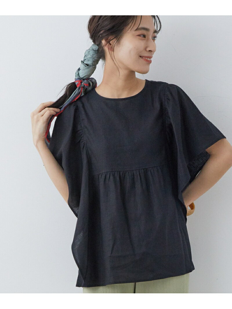 【SALE／50%OFF】SALON adam et rope' レーヨン麻ギャザー袖ブラウス サロン アダム エ ロペ トップス シャツ・ブラウス ブラック ベージュ カーキグリーン【送料無料】