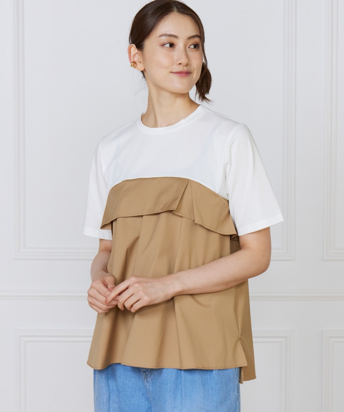 INED ビスチェ風コンビ ジャージー トップス イネド トップス カットソー・Tシャツ ホワイト ベージュ