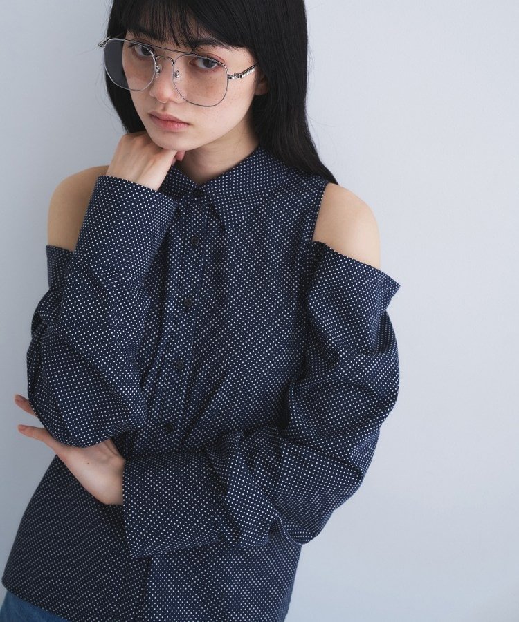 CODE A dots open shoulder shirts コードエー トップス シャツ・ブラウス ブラック ネイビー