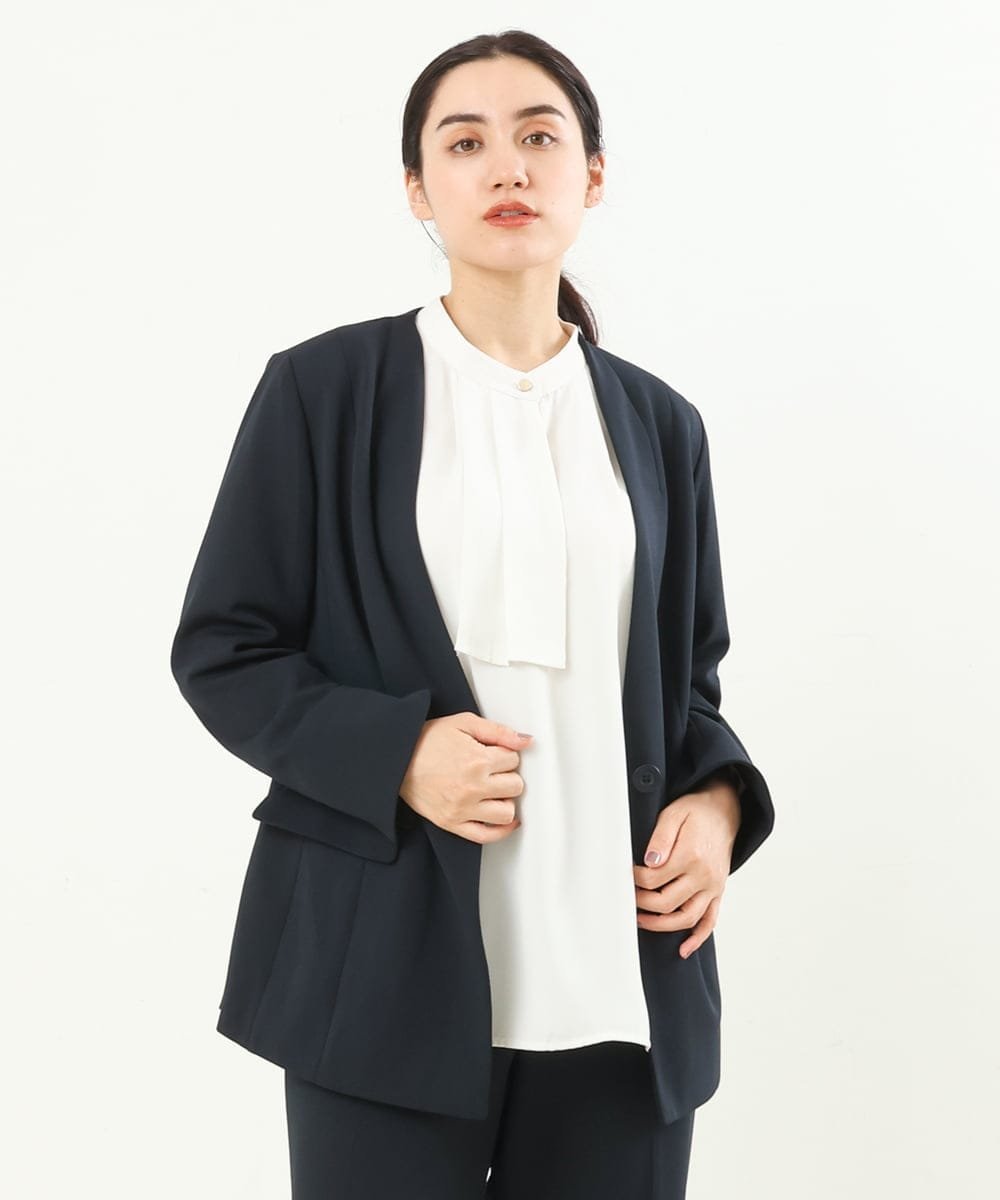 【SALE/20%OFF】eur3 【大きいサイズ/11号サイズあり/セットアップ対応】カットジョーゼットジャケット エウルキューブ ジャケット・アウター ノーカラージャケット ブラック ネイビー【送料無料】