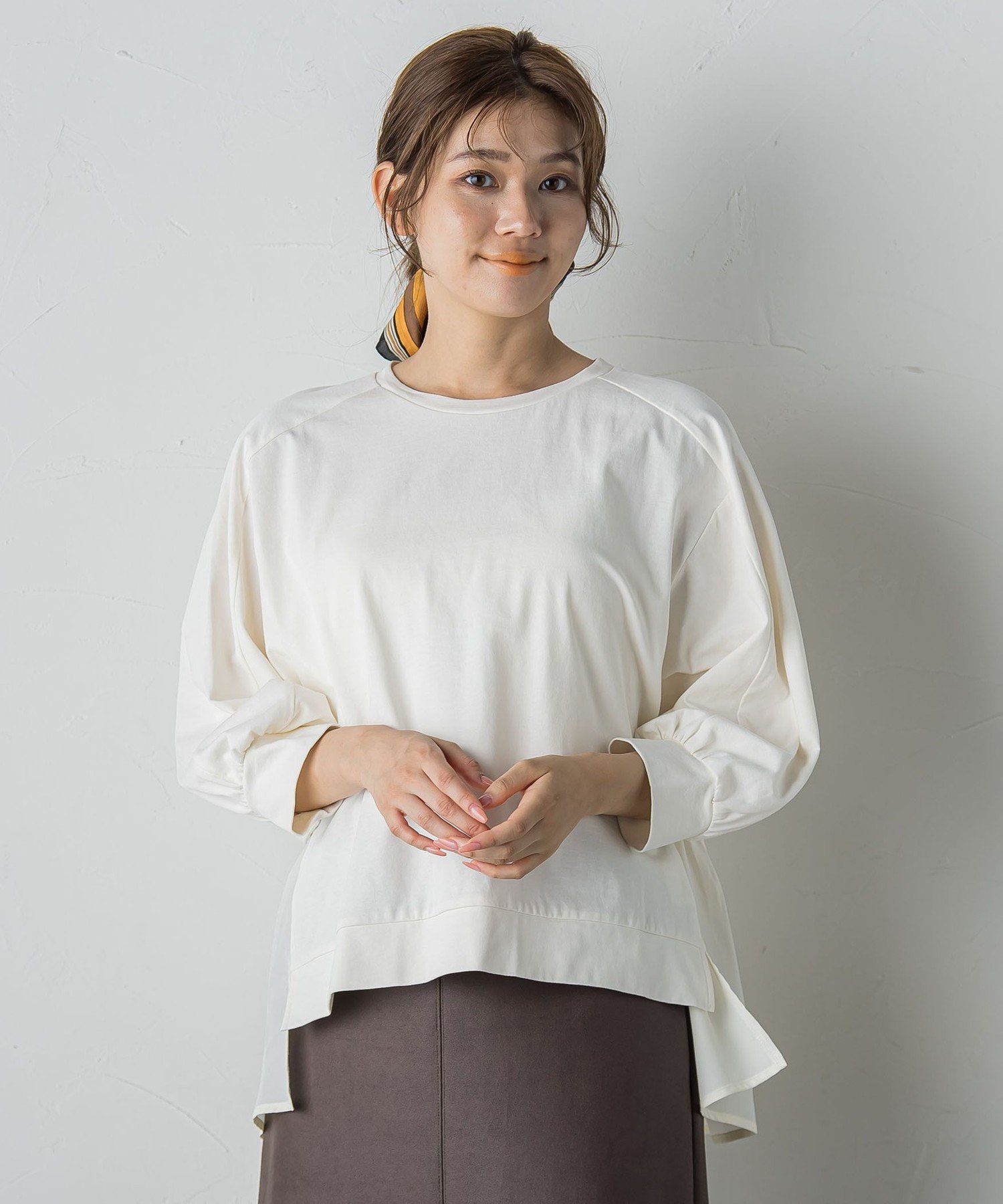 【SALE／50%OFF】Droite lautreamont 布帛ドッキングカットソー≪手洗い可能≫ ドロワット・ロートレアモン トップス カットソー・Tシャツ グレー ブラウン ホワイト【送料無料】