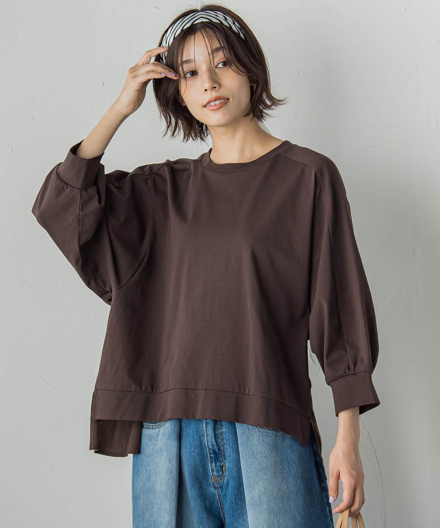【SALE／50%OFF】Droite lautreamont 布帛ドッキングカットソー≪手洗い可能≫ ドロワット・ロートレアモン トップス カットソー・Tシャツ グレー ブラウン ホワイト【送料無料】