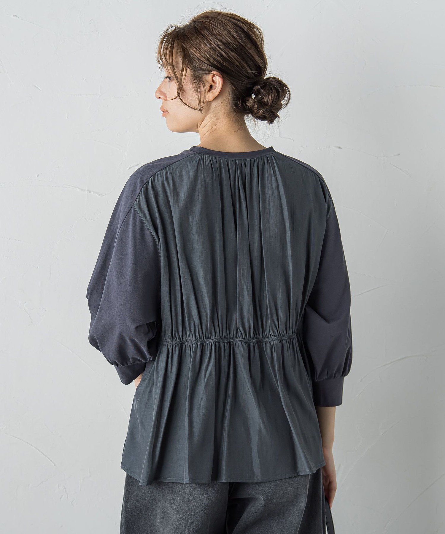 【SALE／50%OFF】Droite lautreamont 布帛ドッキングカットソー≪手洗い可能≫ ドロワット・ロートレアモン トップス カットソー・Tシャツ グレー ブラウン ホワイト【送料無料】