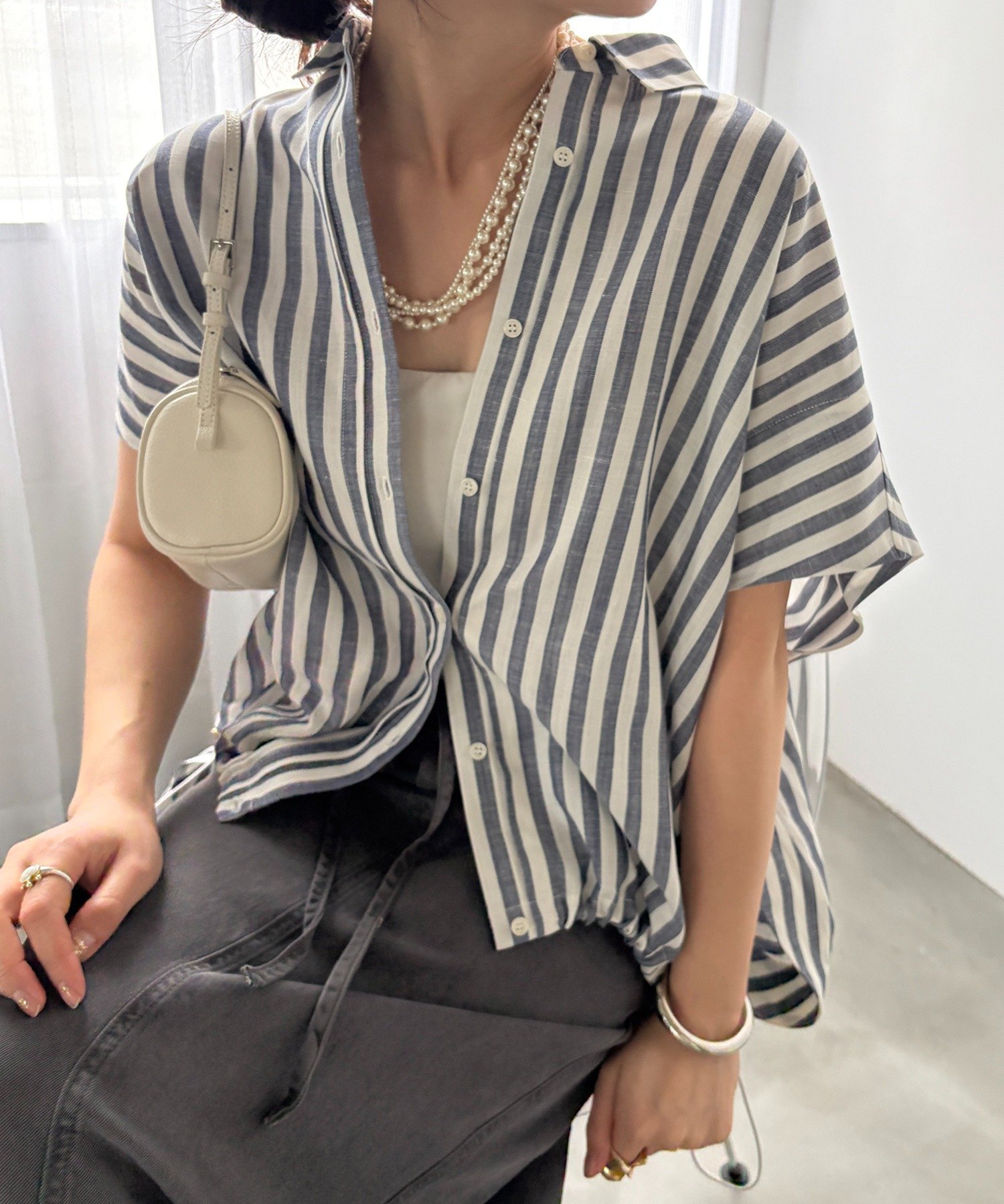 【完売カラー再追加!】リネンストライプスピンドルブラウス ドゥドゥ トップス シャツ・ブラウス ベージュ ブルー