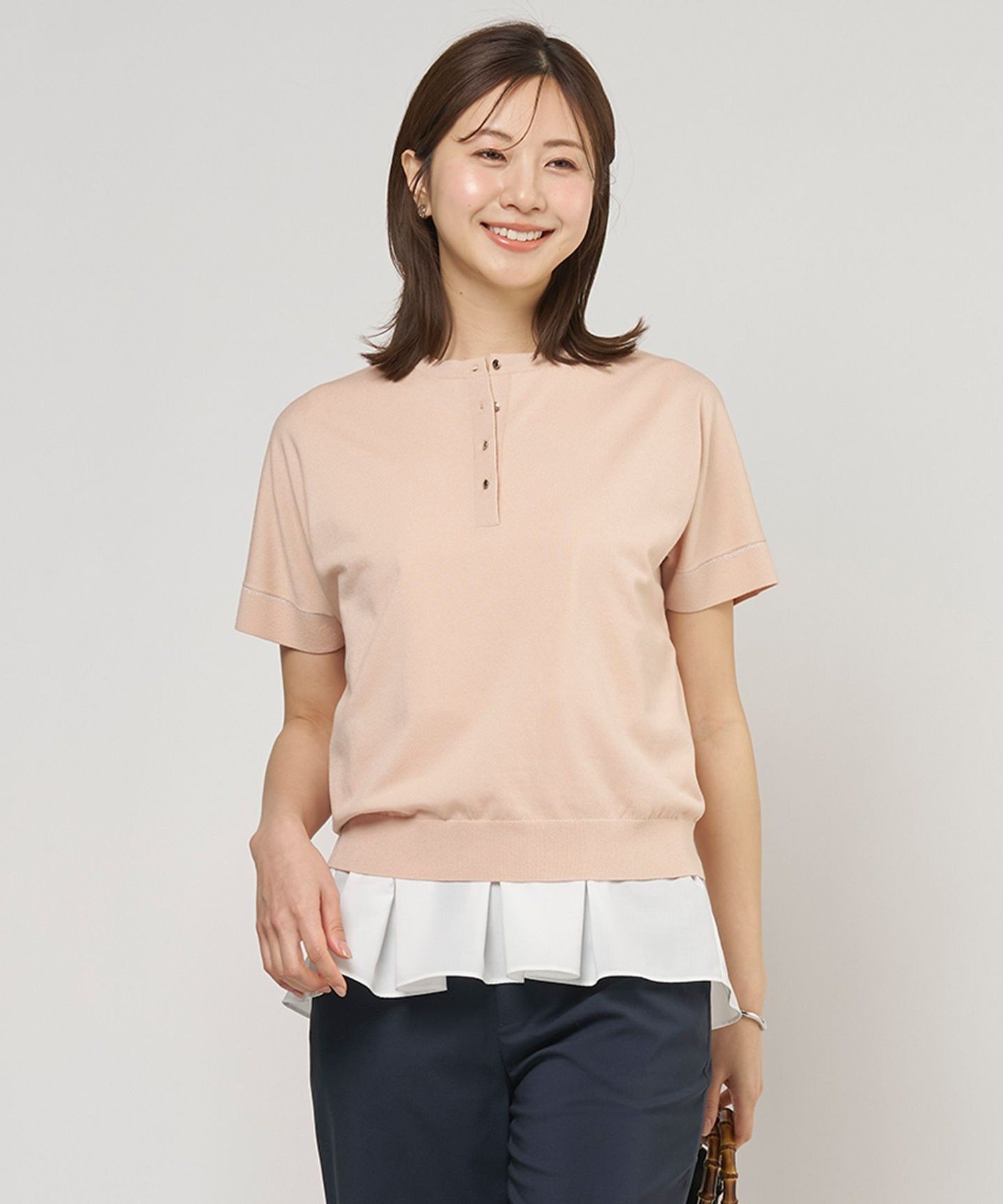 J.PRESS LADIES L COOL MINT COTTON POLYESTER ヘンリーネック ニット プルオーバー ジェイプレス トップス ニット グレー ネイビー グリーン