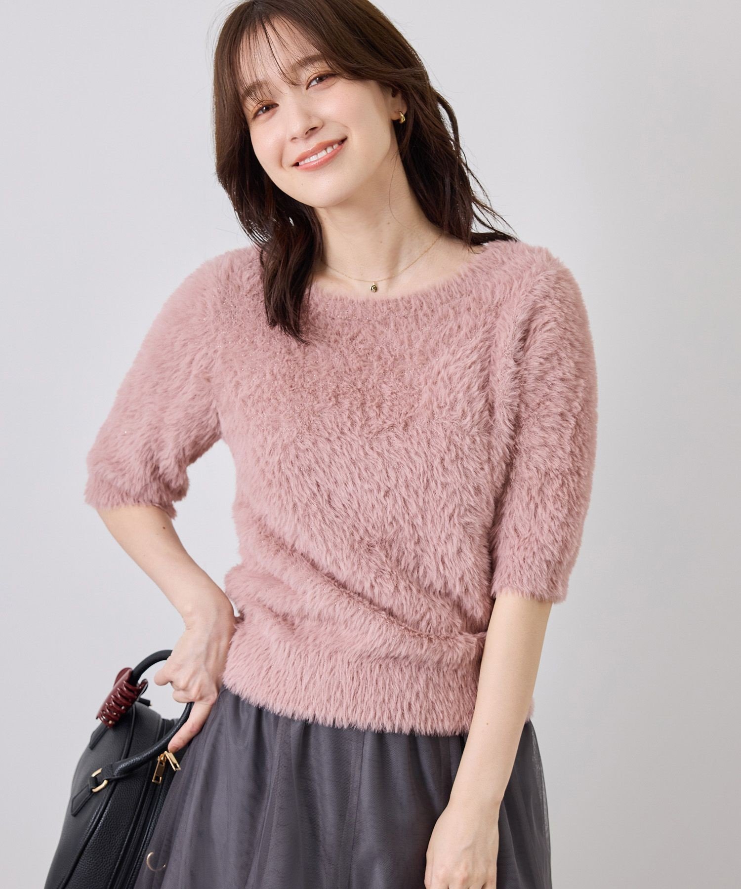 【SALE／5%OFF】ROPE' PICNIC 2WAYラメフェザーハーフスリーブトップス ロペピクニック トップス ニット グレー ベージュ ピンク【送料無料】