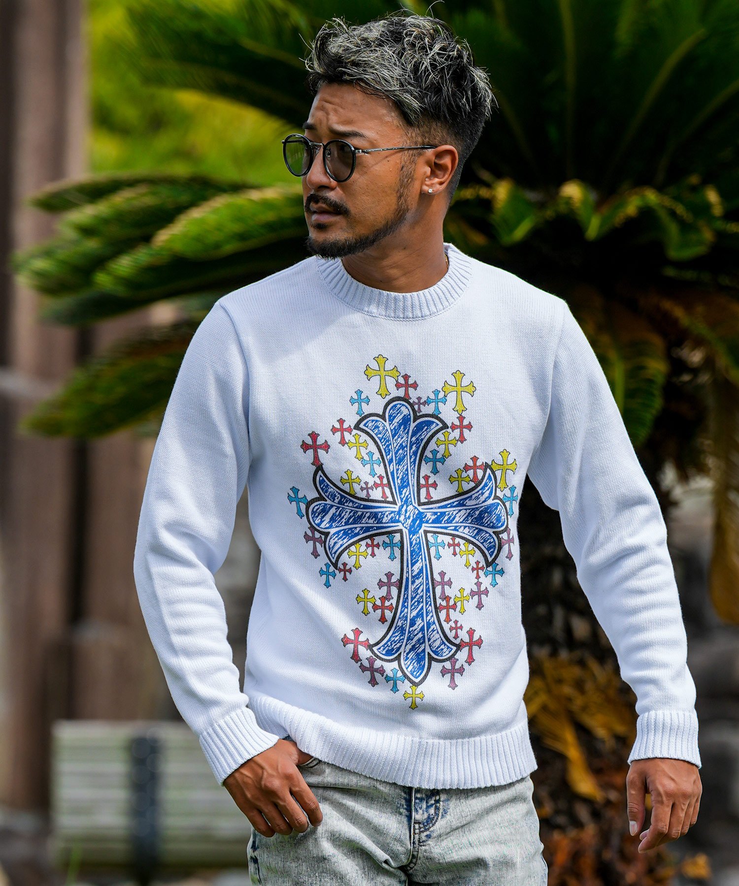 Retro Engine RTEG Multiple Cross Knit アダムスジャグラー トップス ニット ホワイト オレンジ【送料..