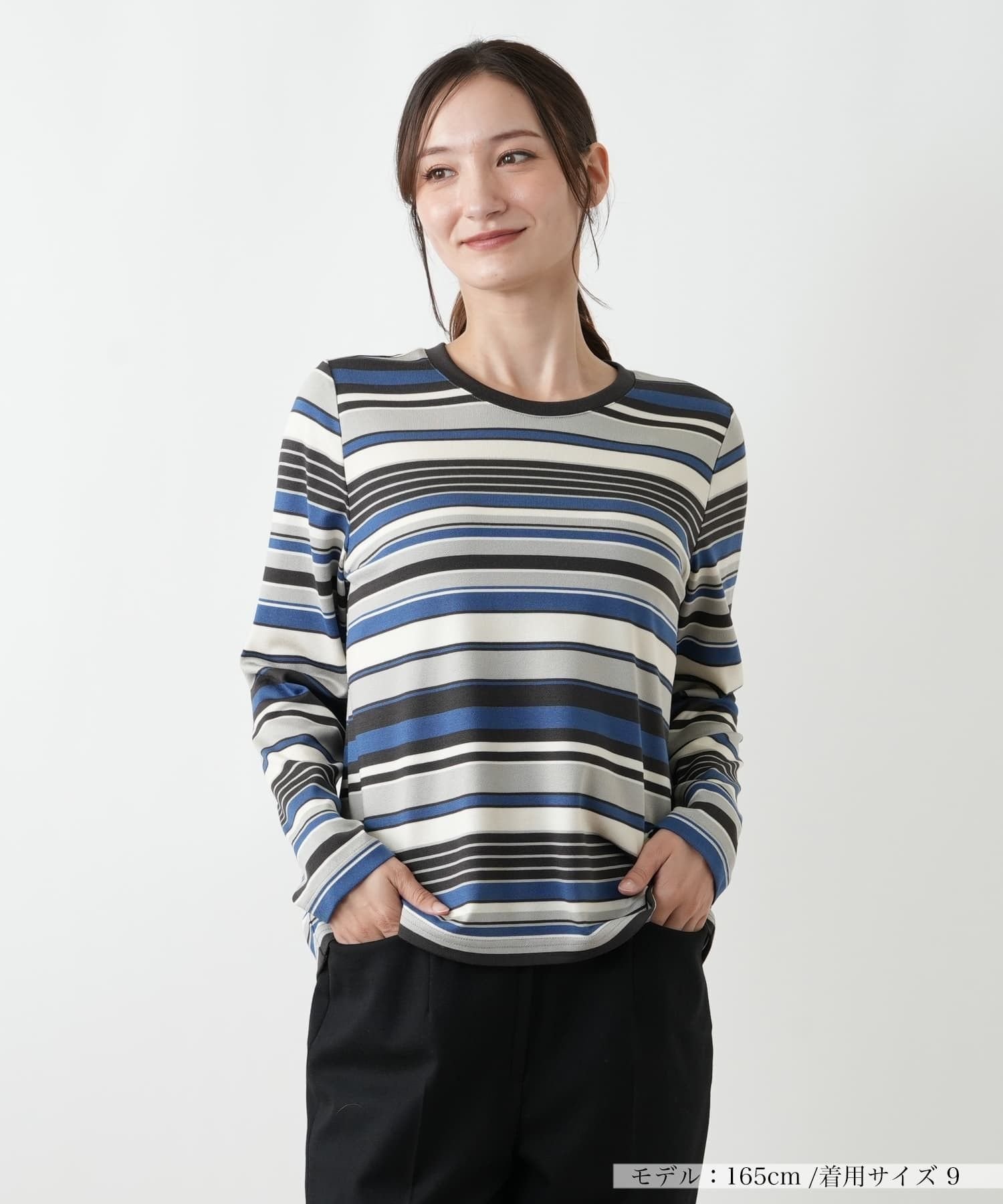Leilian マルチボーダーカットソー レリアン トップス カットソー・Tシャツ ブルー ワインレッド