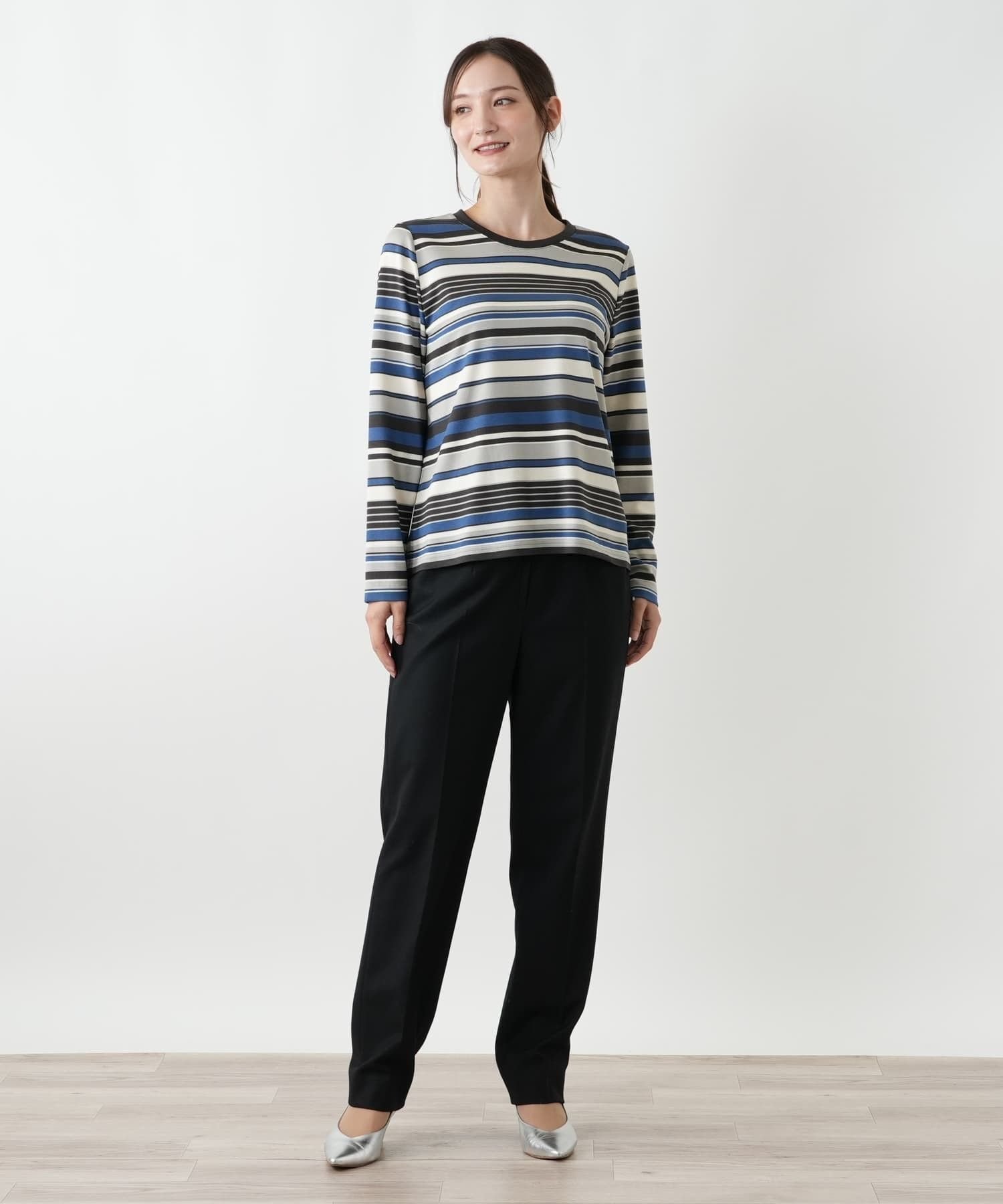 Leilian マルチボーダーカットソー レリアン トップス カットソー・Tシャツ ブルー ワインレッド