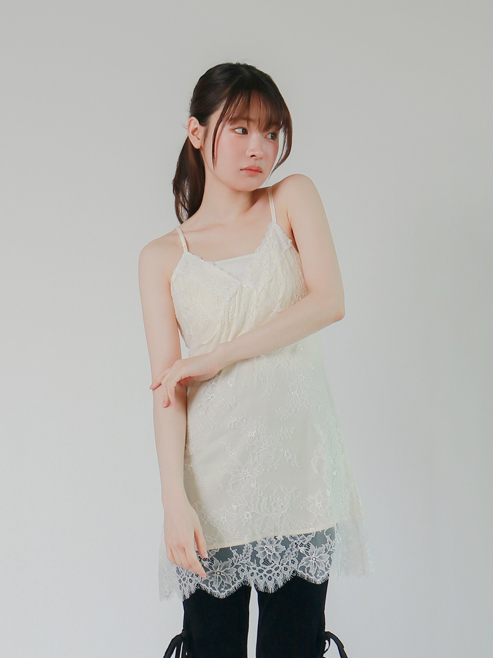 mic by Olu. 【mic】サテンレースレイヤードキャミソール オルドット トップス カットソー・Tシャツ ホワイト
