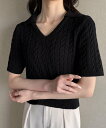 【SALE/77%OFF】JUNOAH 襟付き半袖ケーブルニット ジュノア トップス ニット グレー ホワイト