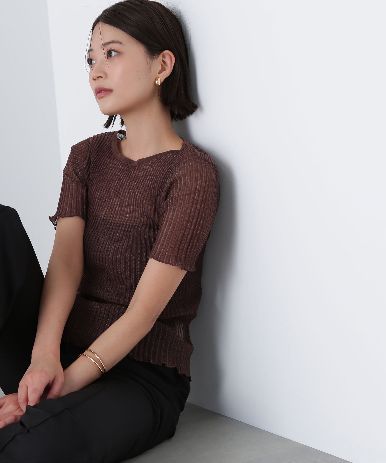 NATURAL BEAUTY BASIC シアーストライプリブニット* ナチュラルビューティベーシック トップス ニット ブラウン ブラック ブルー