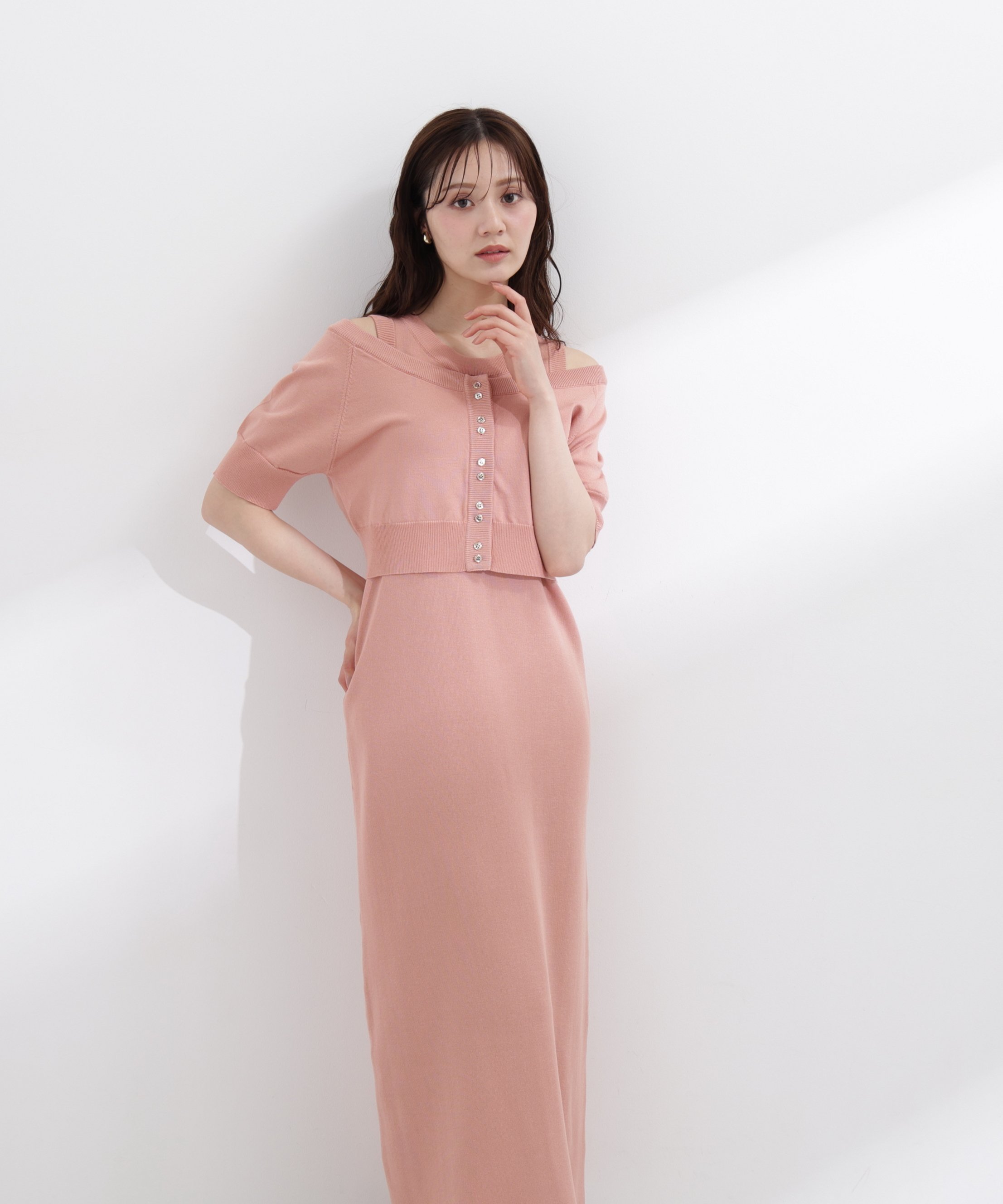 PROPORTION BODY DRESSING ＜中川紅葉さん着用＞ショートカーデレイヤードワンピース プロポーションボディドレッシング ワンピース・ドレス ワンピース グレー ピンク ホワイト