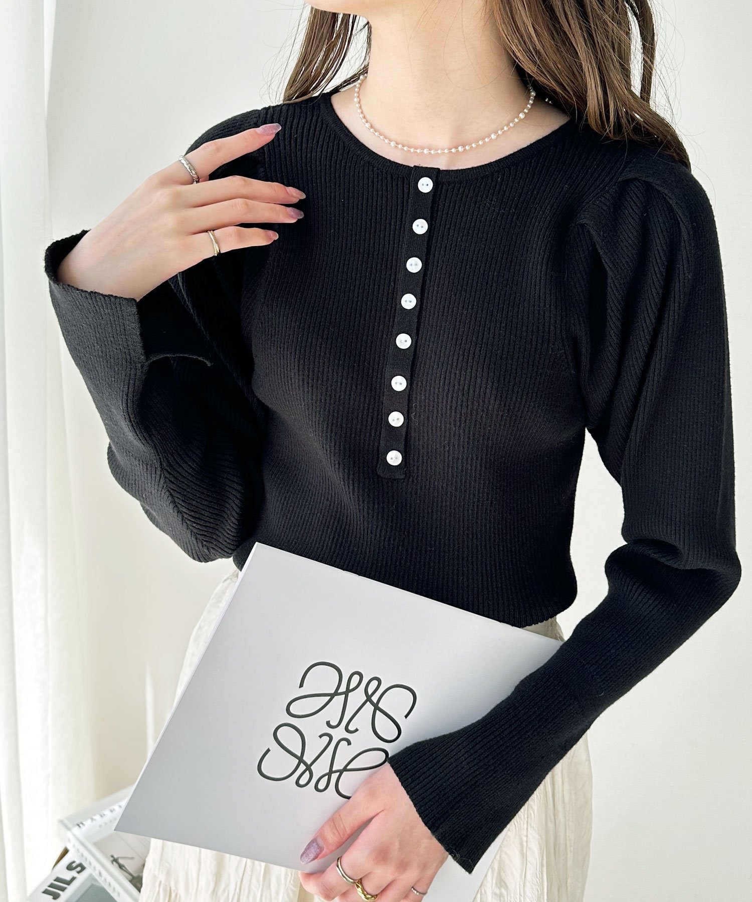 【SALE／20%OFF】GeeRA ボリュームスリーブ2WAYリブニット ジーラ トップス ニット ブラック ピンクのサムネイル