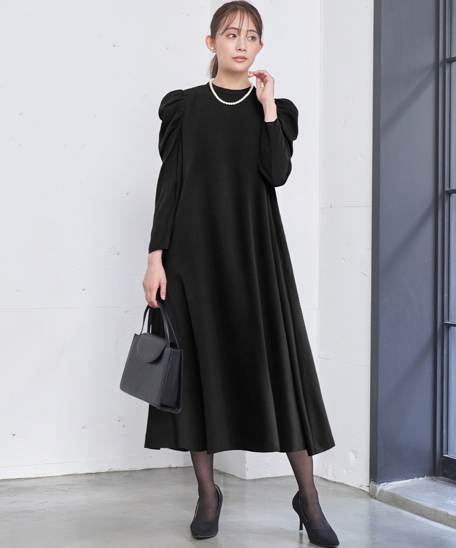 Flolia 【喪服・礼服】ギャザーショルダーロングワンピース ブラックフォーマル セレモニー リバーフィールド アンド コー ワンピース・ドレス ワンピース ブラック【送料無料】