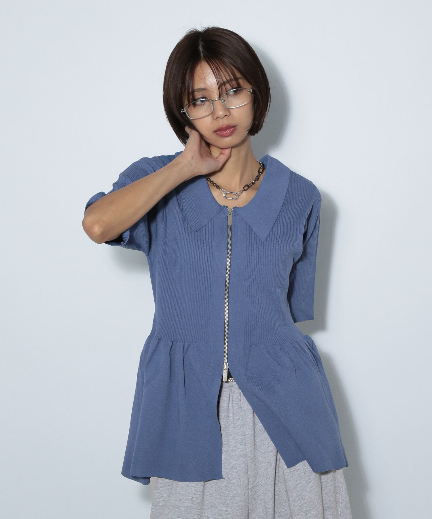 PAGEBOY リツキペプラムZIPニット ページボーイ トップス ニット ブルー ホワイト ブラック