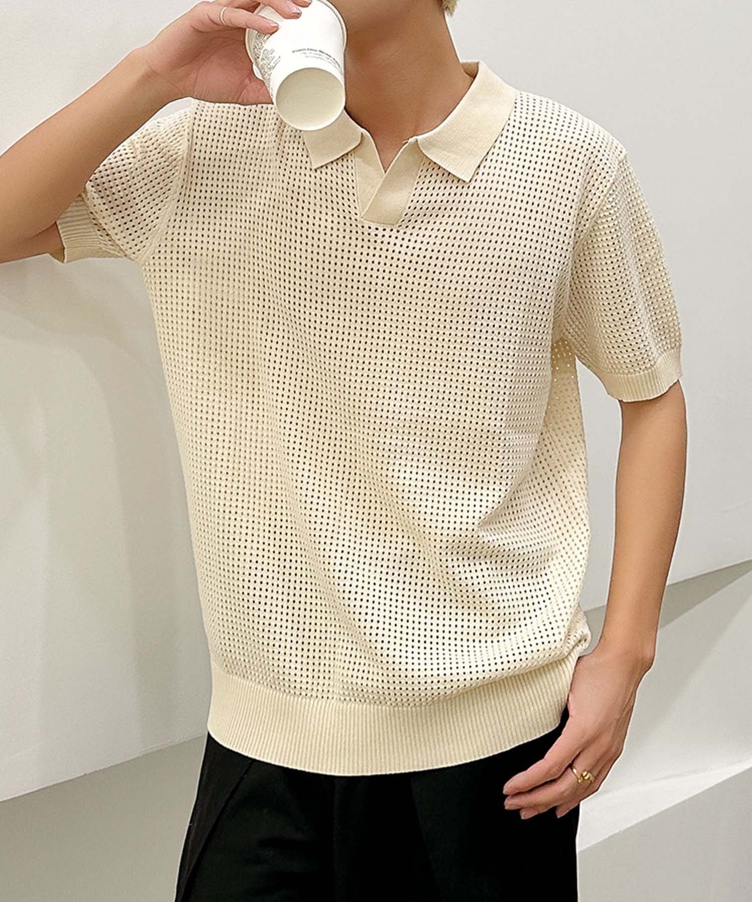 【SALE／30%OFF】aimoha MENS aimoha MENシアーライトポロトップス アイモハ トップス ポロシャツ ベージュ ブラック