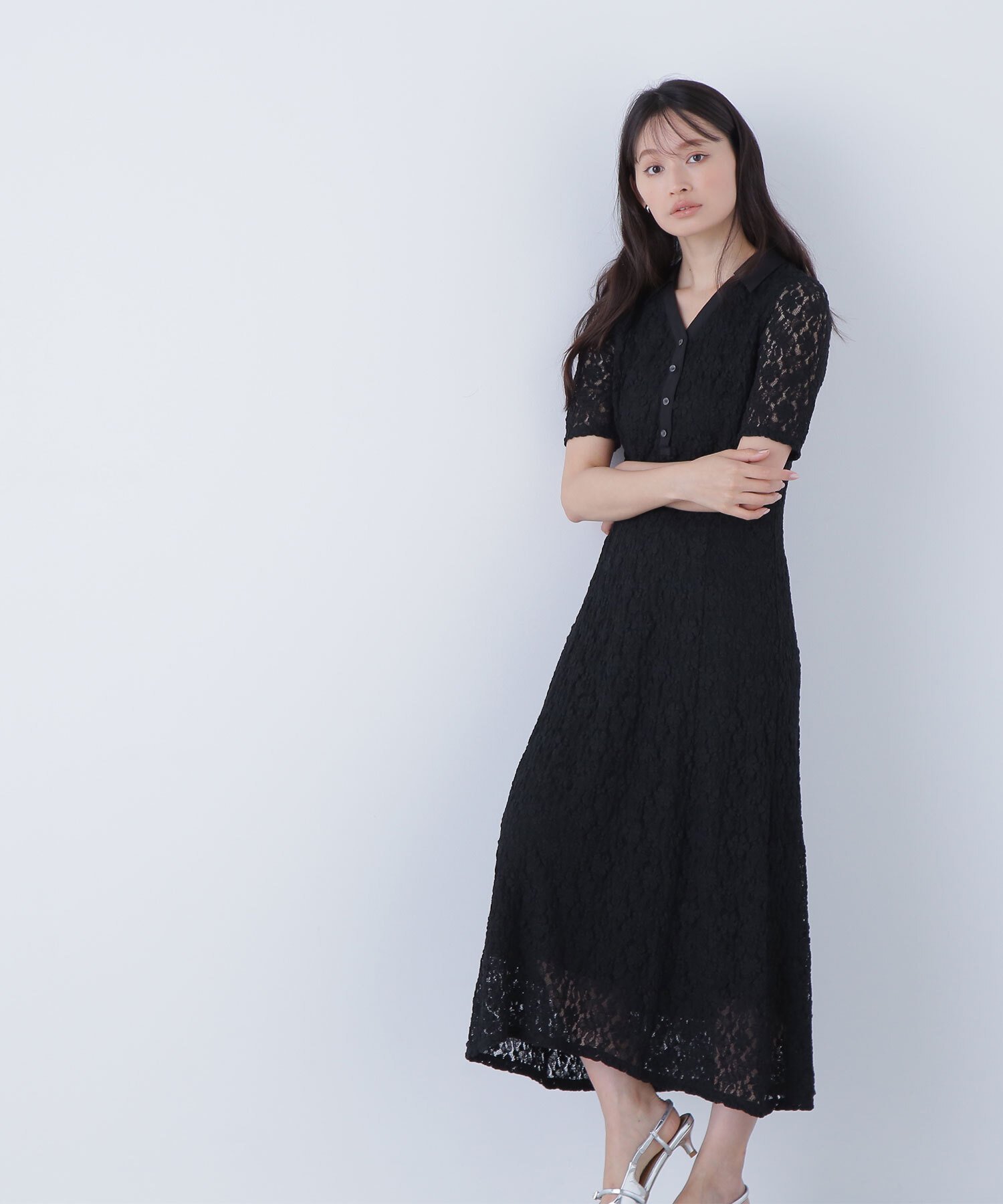 NATURAL BEAUTY BASIC スキッパーシュリンクレースワンピース* ナチュラルビューティベーシック ワンピース・ドレス ワンピース ブラック ホワイト