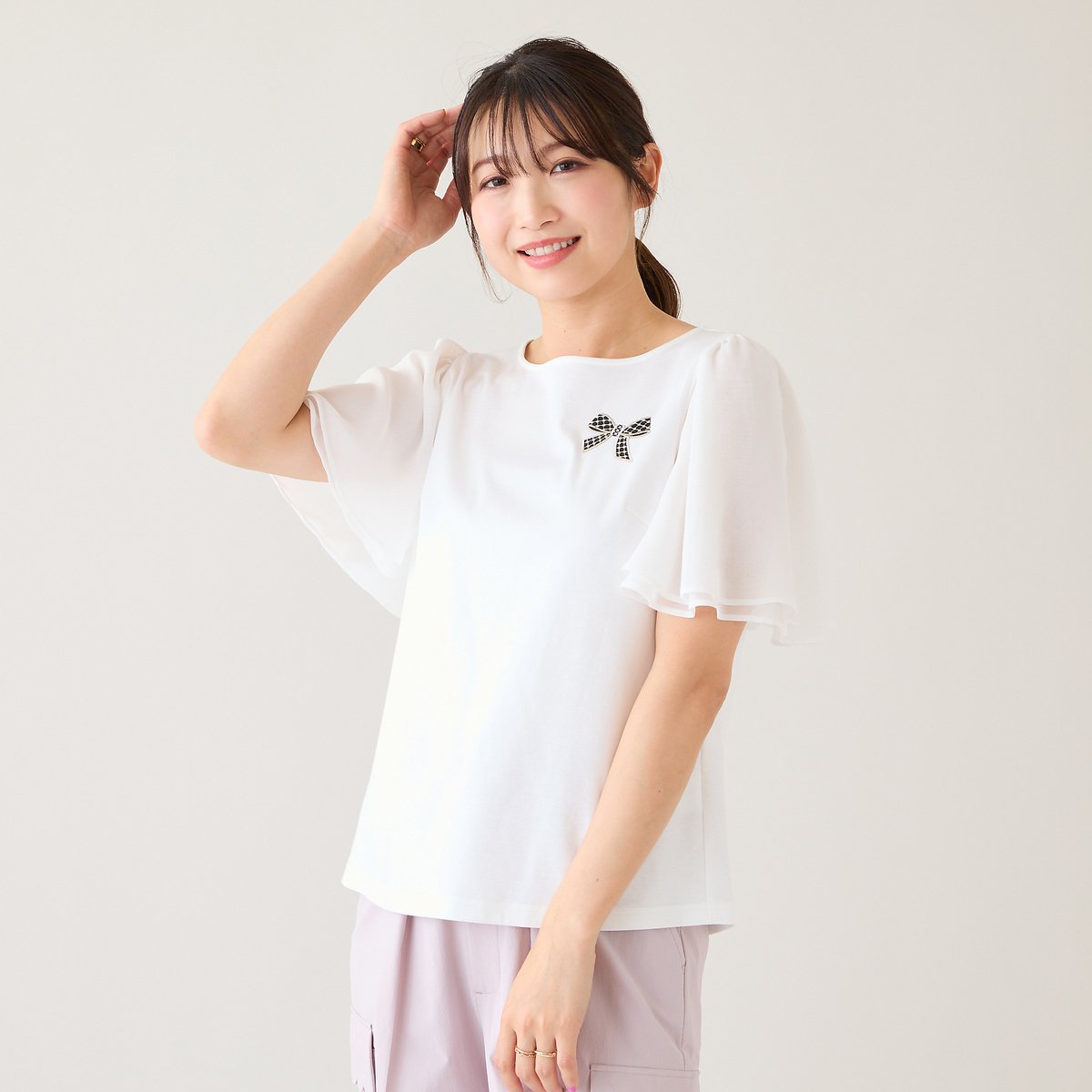 Rose Tiara 【接触冷感/綿100%】リボンワッペンフレア袖カットソー ローズティアラ トップス カットソー・Tシャツ ピンク ホワイト ネイビー グリーン