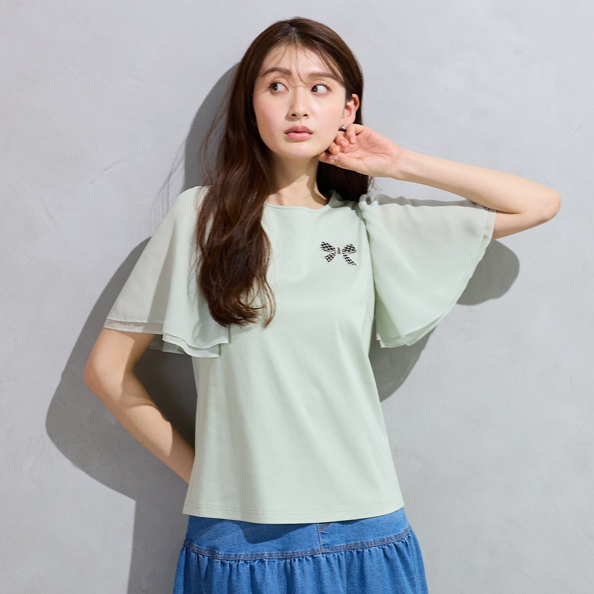 Rose Tiara 【接触冷感/綿100%】リボンワッペンフレア袖カットソー ローズティアラ トップス カットソー・Tシャツ ピンク ホワイト ネイビー グリーン