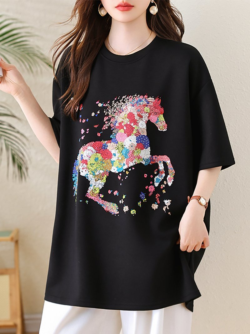花柄ホースモチーフTシャツ レディース トップス ドゥー・ベル トップス カットソー・Tシャツ ブラック