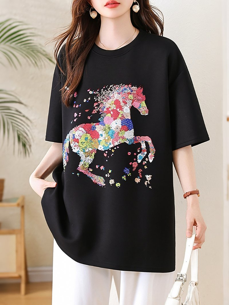 花柄ホースモチーフTシャツ レディース トップス ドゥー・ベル トップス カットソー・Tシャツ ブラック