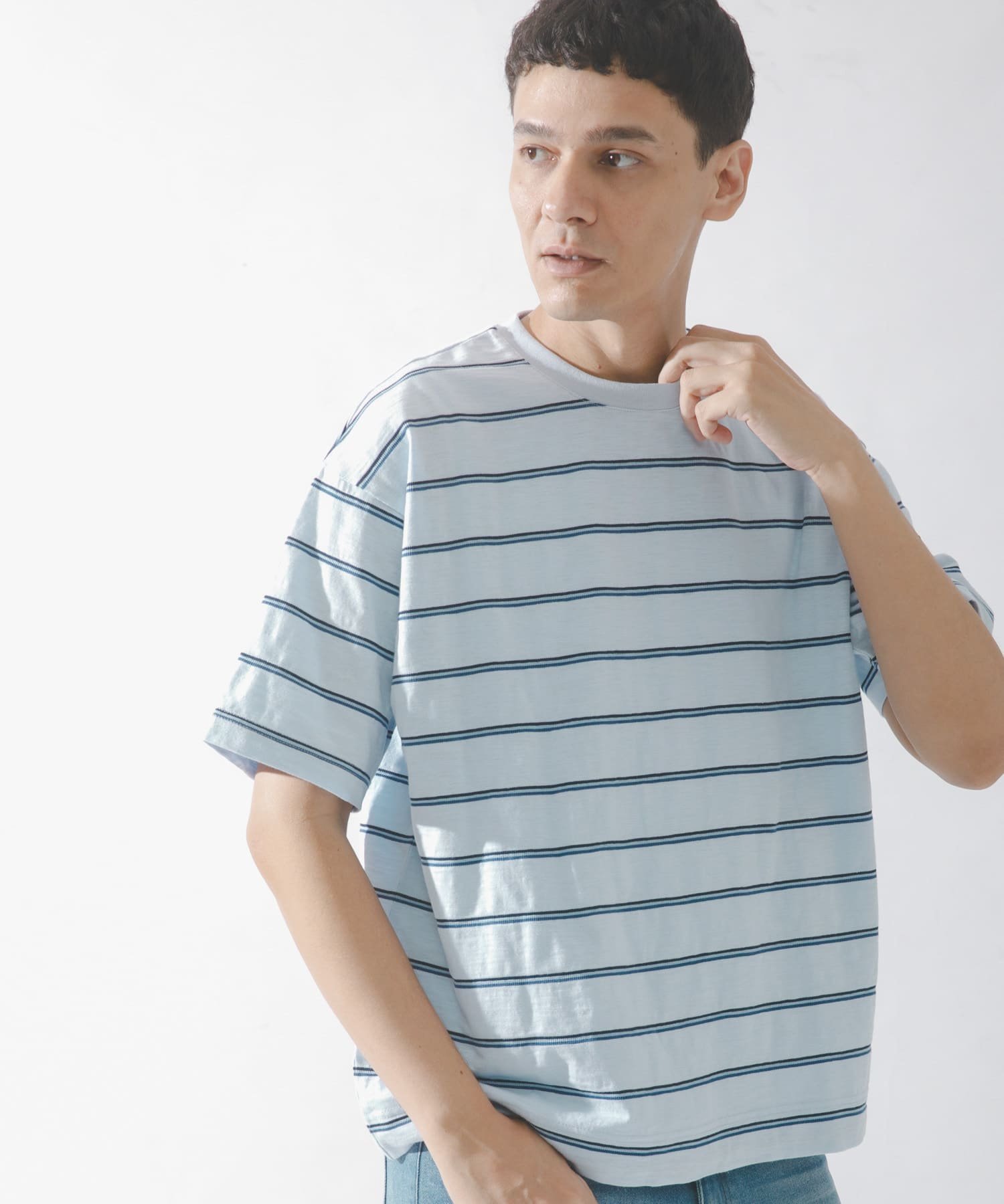 Sonny Label スラブ天竺ボーダーショートスリーブTシャツ サニーレーベル トップス カットソー・Tシャツ グレー ブルー ホワイト