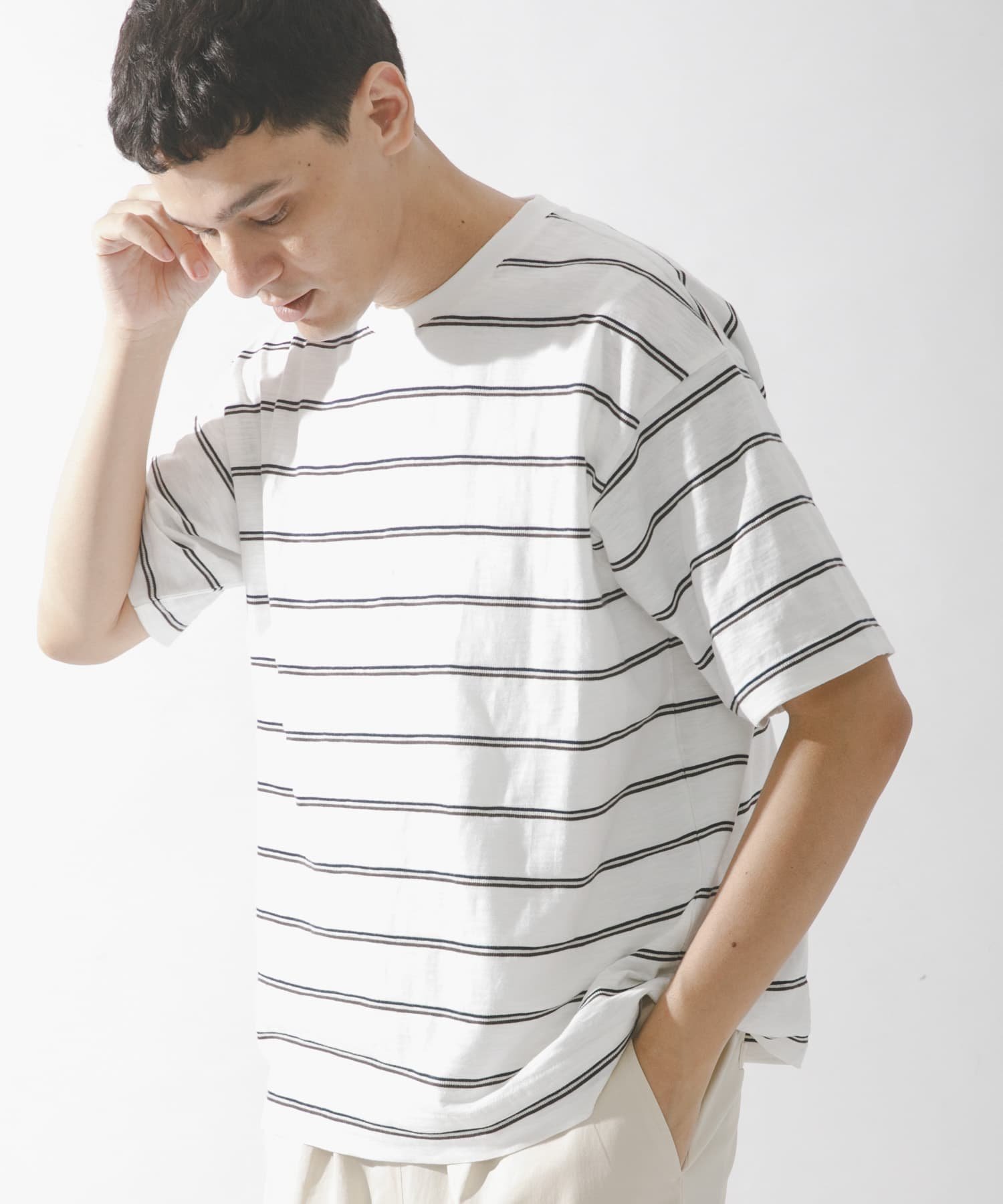 Sonny Label スラブ天竺ボーダーショートスリーブTシャツ サニーレーベル トップス カットソー・Tシャツ グレー ブルー ホワイト