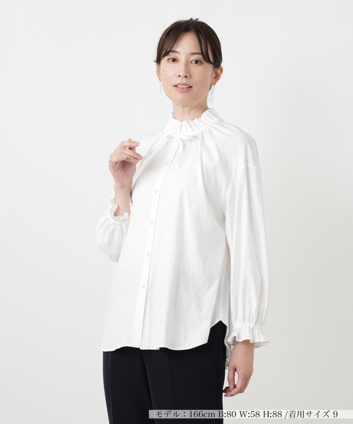 Leilian フリルスタンドカラーブラウス【Leilian WHITE LABEL】 レリアン トップス シャツ・ブラウス ホワイト ネイビー