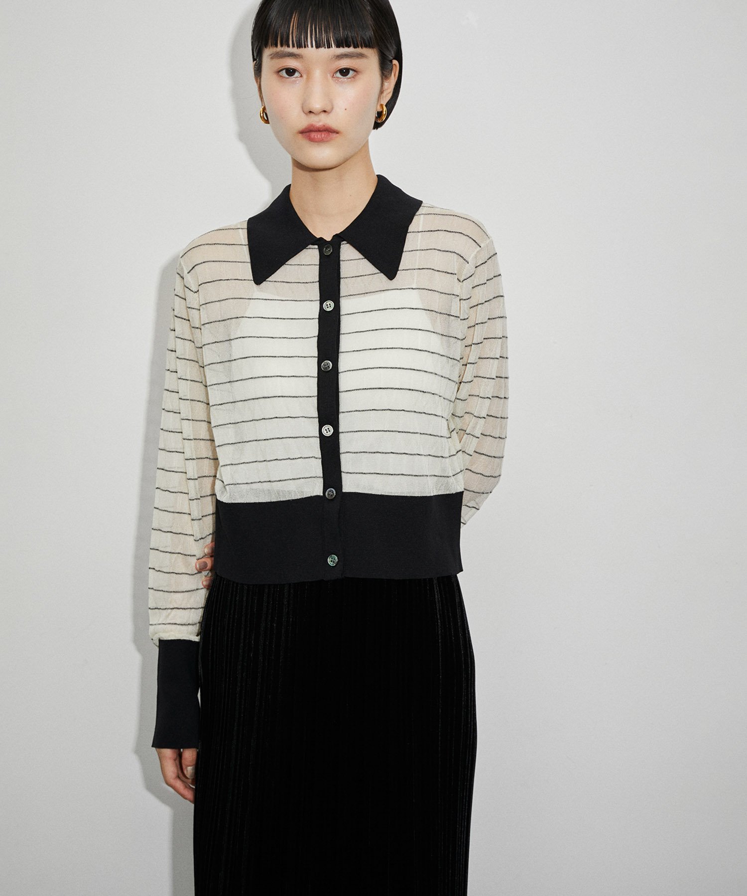 ADAM ET ROPE' FEMME シアーボーダーカーディガン アダムエロペ トップス カーディガン ホワイト ブルー【送料無料】のサムネイル