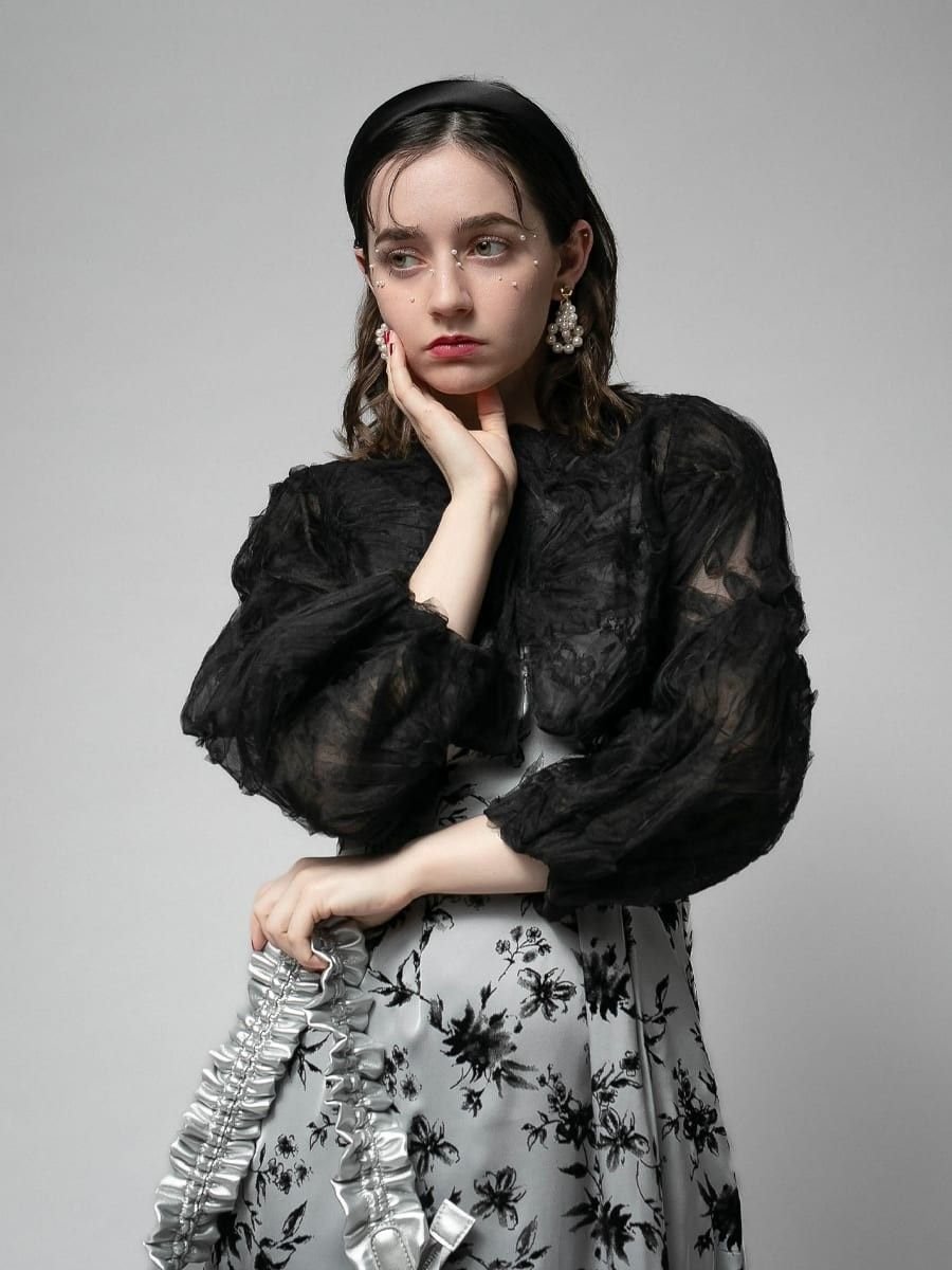 Petirobe バルーンスリーブシアーカーディガン ラシュッド ジャケット・アウター ノーカラージャケット ブラック ホワイト【送料無料】