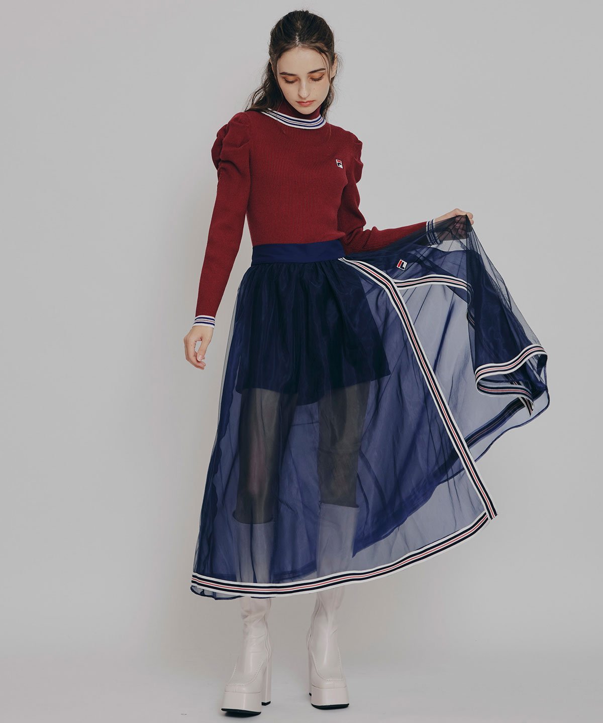 REDYAZEL [FILA*REDYAZEL]チュールレイヤードショートパンツ*トリコロールラインスリットロングスカート レディアゼル スカート その他のスカート ホワイト ネイビー