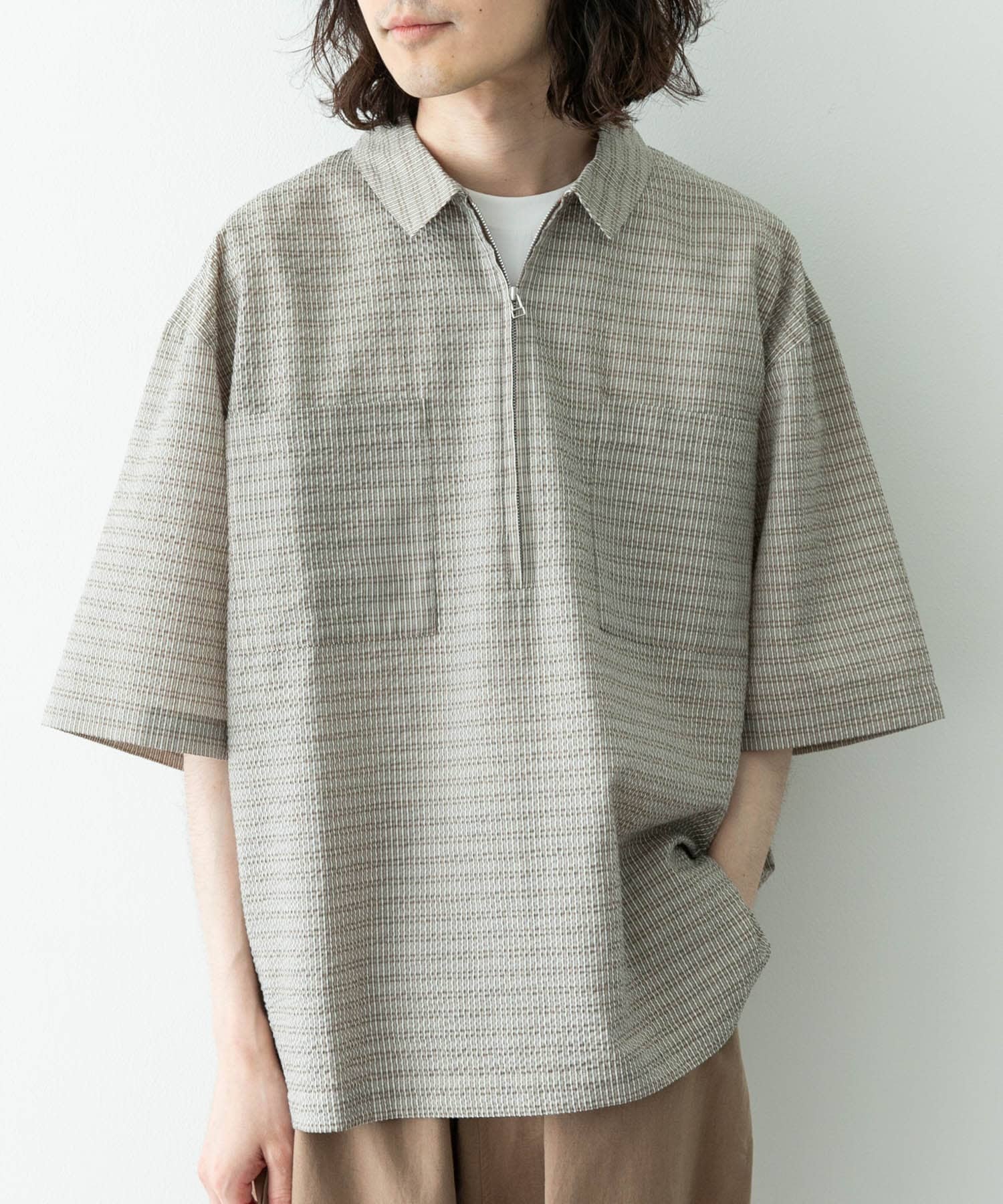 Sonny Label シアサッカーハーフジッププルオーバー サニーレーベル トップス シャツ・ブラウス ブルー ベージュ