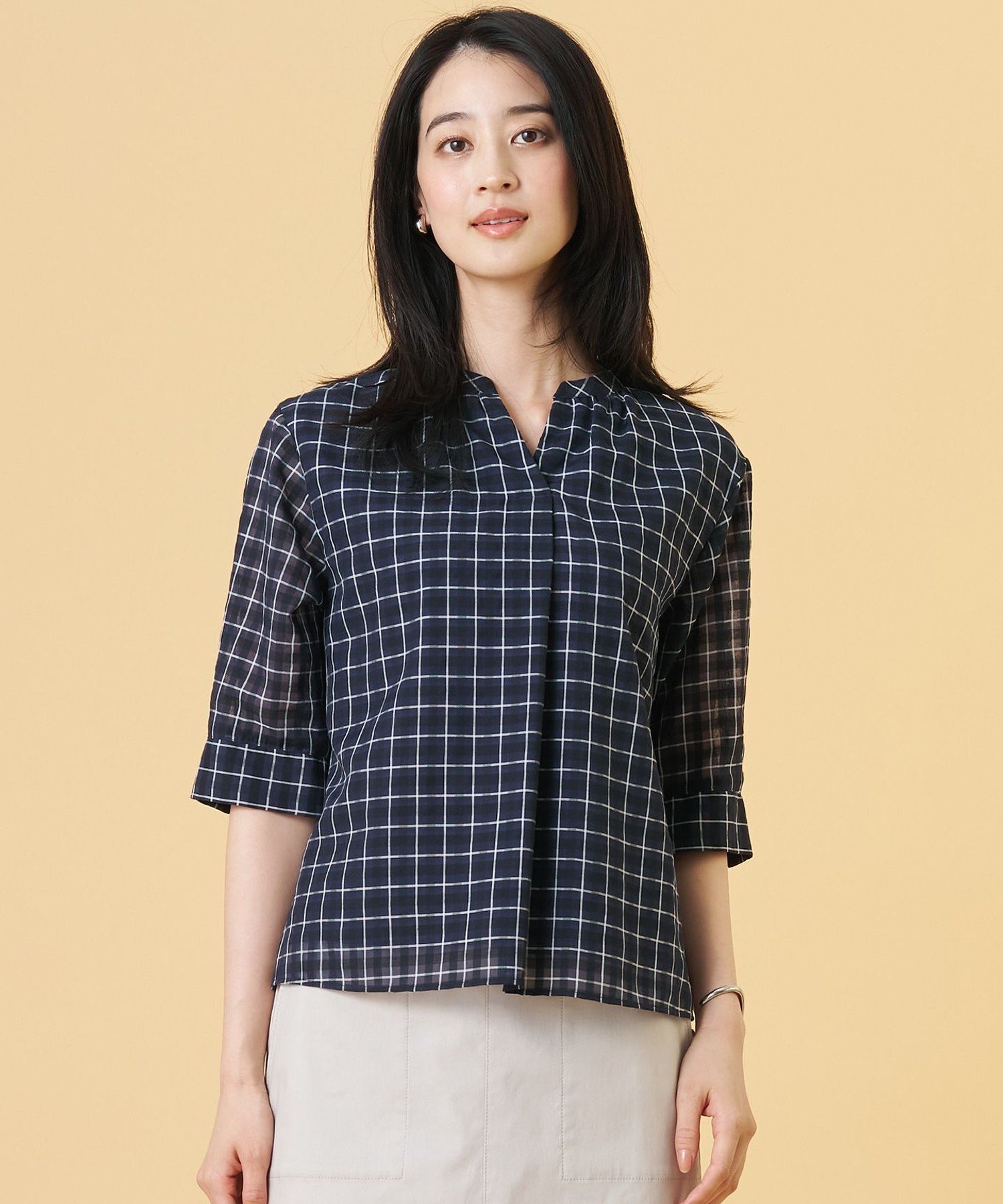 J.PRESS シズルチェック バンドカラー カットソー ジェイプレス トップス カットソー・Tシャツ ネイビー ベージュ