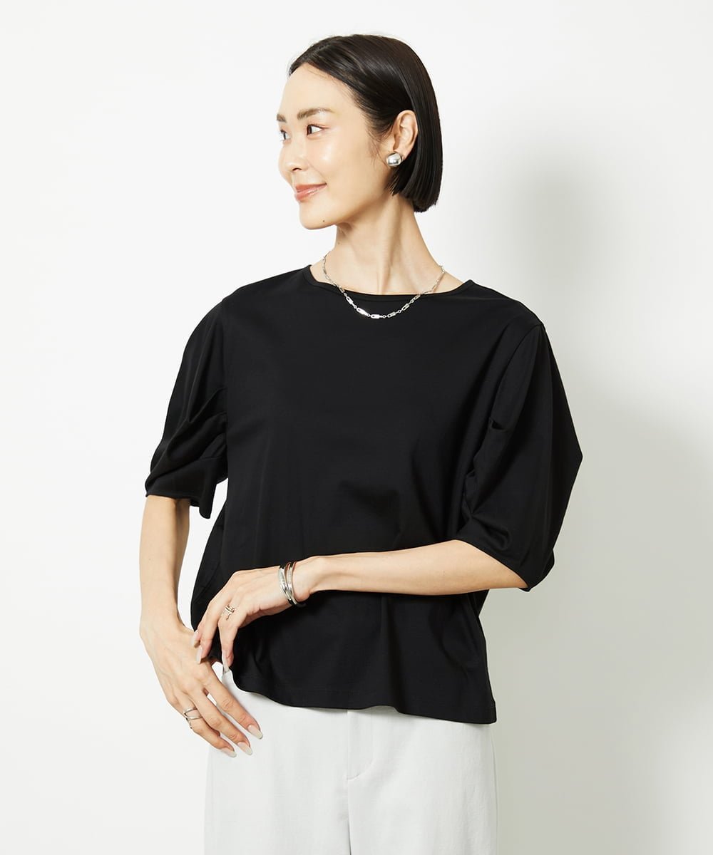 MICHEL KLEIN（小さいサイズ） [小さいサイズ]袖タックカットソー(接触冷感) メゾンドゥサンク トップス カットソー・Tシャツ ブラック ピンク