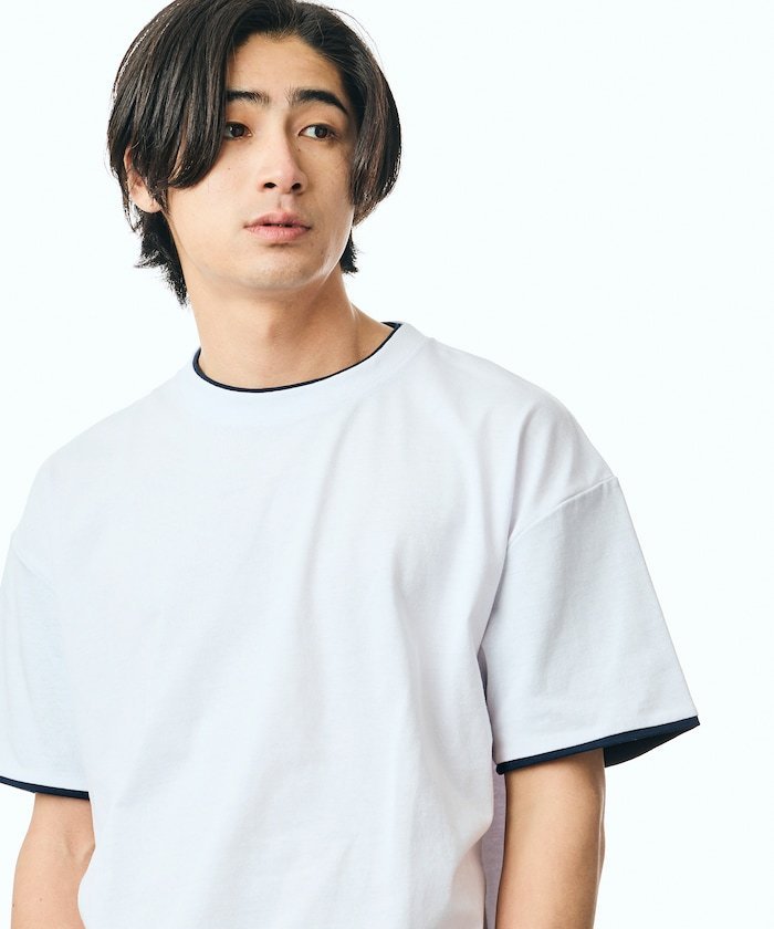 【SALE／50%OFF】FREAK'S STORE 限定展開 リラックスフィット 配色フェイクレイヤード クルーネック Tシャツ フリークスストア トップス カットソー・Tシャツ グレー ネイビー ホワイト