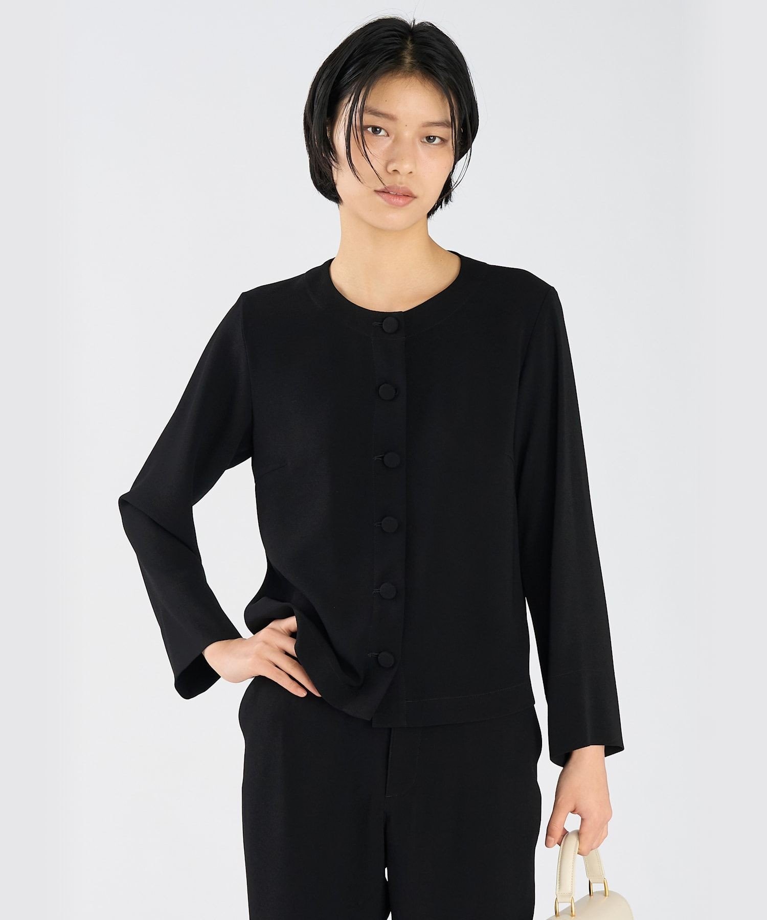 ブラック トリアセテート ノーカラー シャツジャケット "Beatriz" アニエスベー ジャケット・アウター ノーカラージャケット ブラック