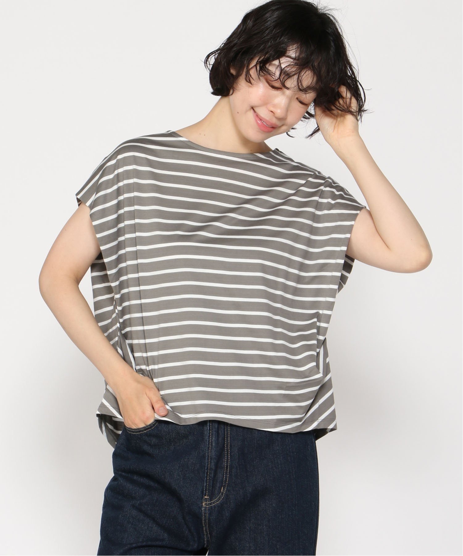 TUTIE. コットン天竺ボーダーサイドタックプルオーバー ツチエ トップス カットソー・Tシャツ ネイビー ホワイト グレー