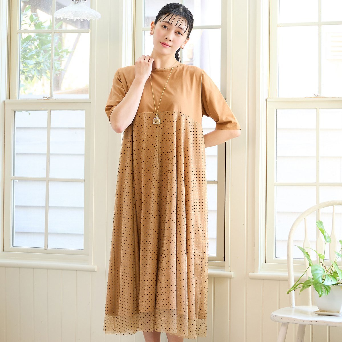 missel 【洗える・M~3Lサイズ】チュールドッキングワンピース ミゼール ワンピース・ドレス ワンピース ベージュ ブラック