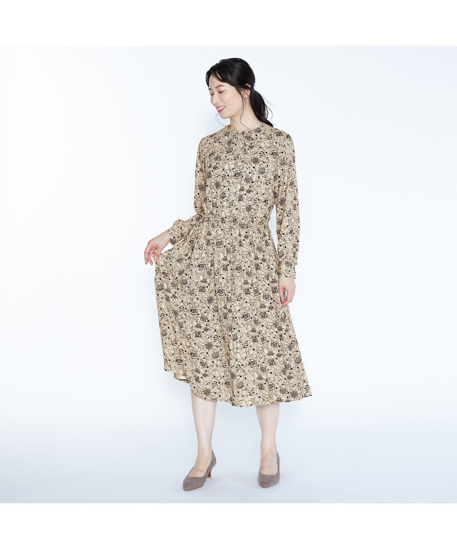 【SALE／31%OFF】SCAPA スマートフラワー長袖ワンピース スキャパ ワンピース・ドレス ドレス ネイビー ベージュ【送料無料】