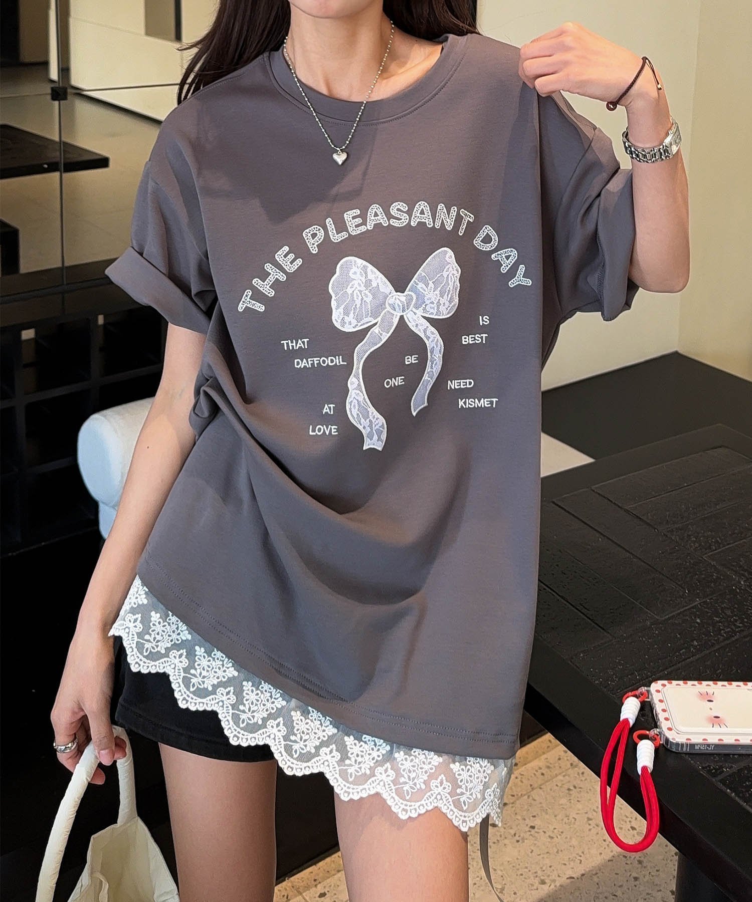 select - aimoha -select-/リボンモチーフプリントTシャツ アイモハ トップス カットソー・Tシャツ ベージュ ピンク ホワイト ブルー