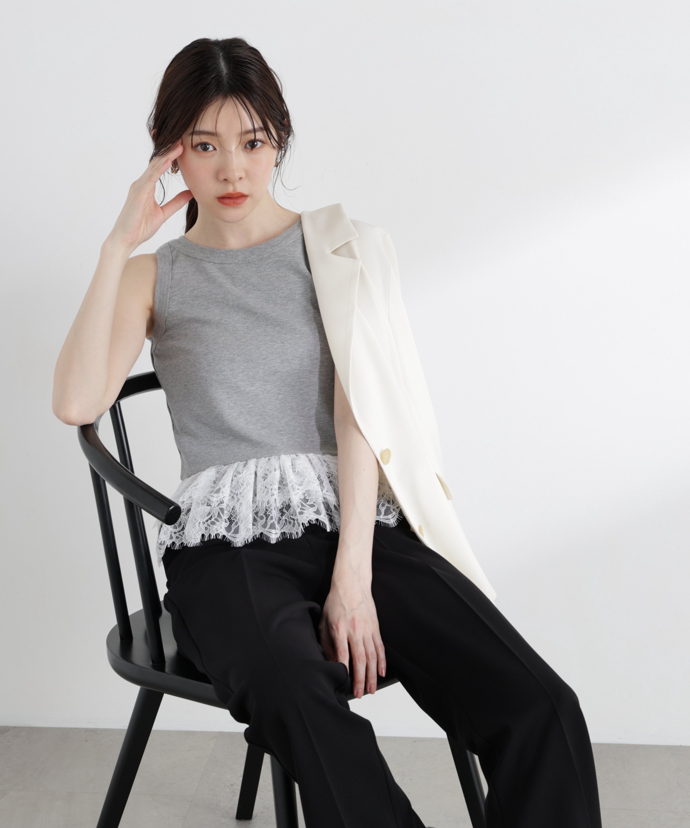 PROPORTION BODY DRESSING ＜中川紅葉さん着用＞＜a/mie＞レースペプラムタンク プロポーションボディドレッシング トップス カットソー・Tシャツ ネイビー グレー ホワイト